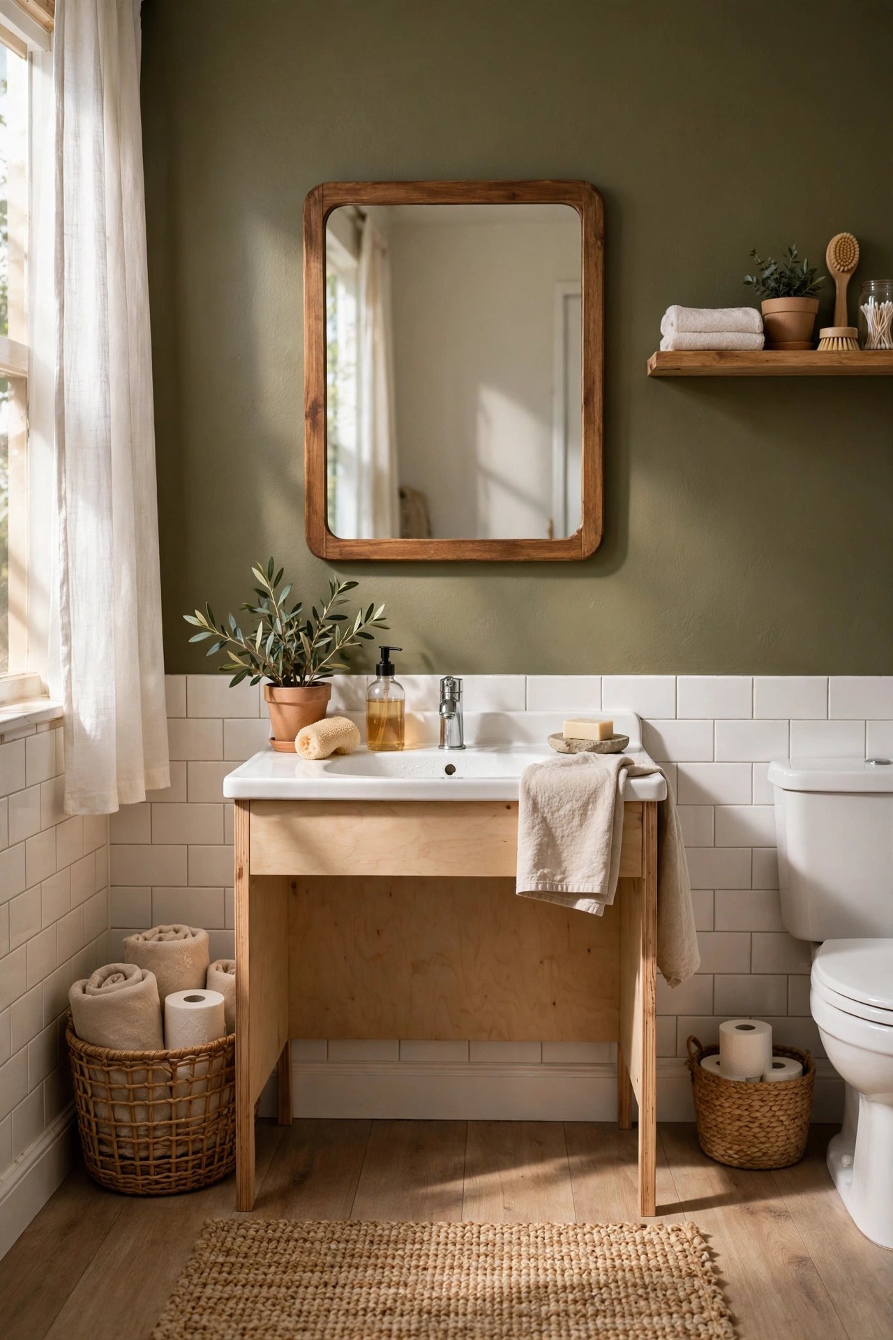 One Olive Accent Wall Behind the Mirror in a cozy budget bathroom with soft natural light