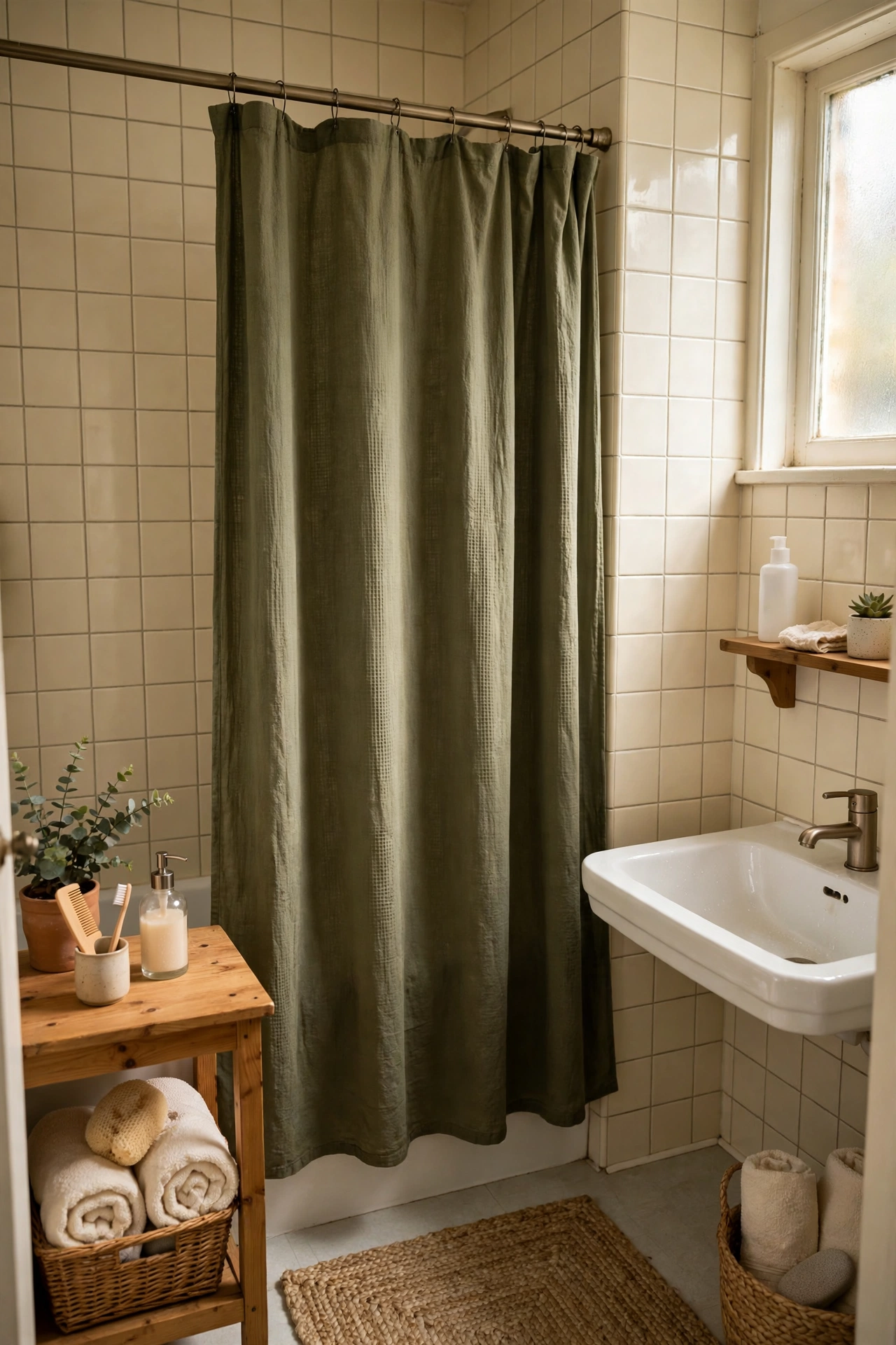 Olive Shower Curtain With Cream Tiles in a cozy budget bathroom with soft natural light