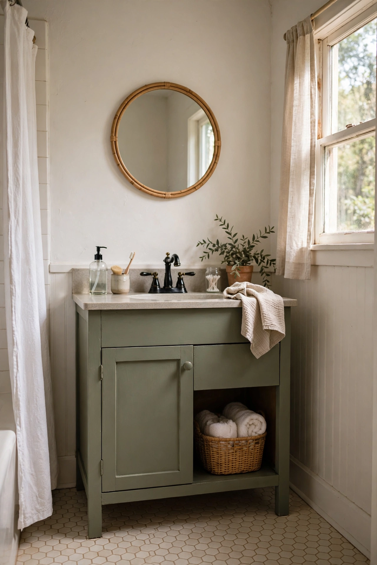 Sage-Olive Paint on the Vanity Only in a cozy budget bathroom with soft natural light