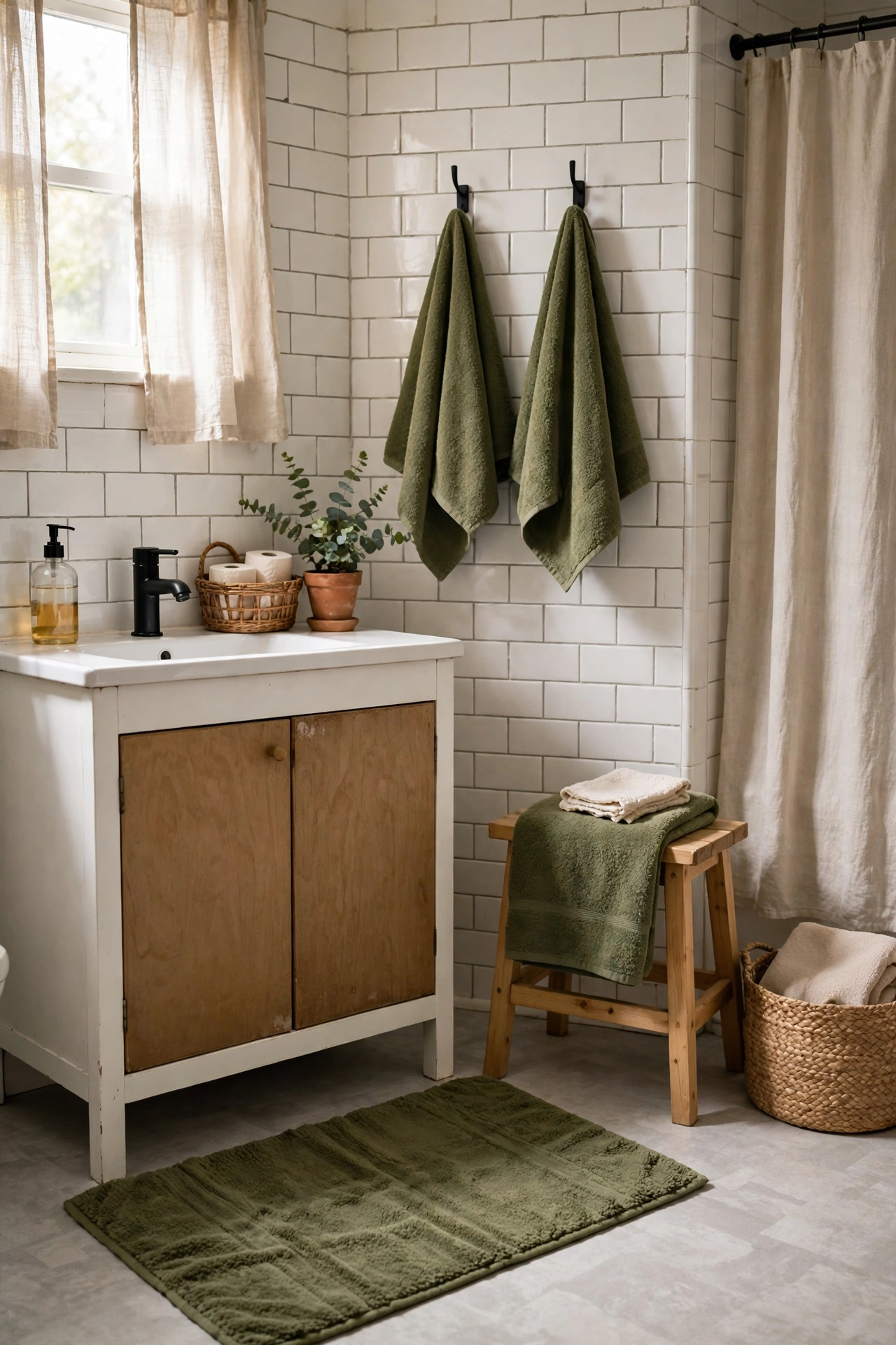 Olive Bath Mat and Matching Hand Towels in a cozy budget bathroom with soft natural light