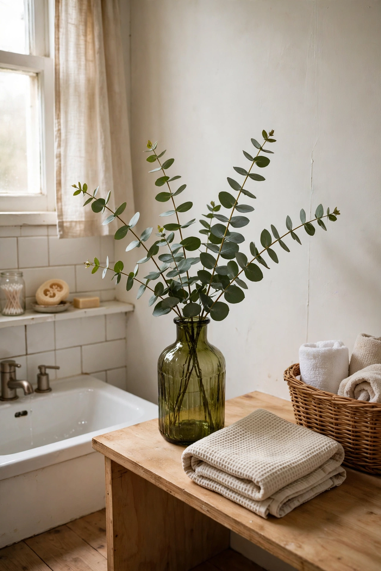 Eucalyptus Stems in an Olive Glass Vase in a cozy budget bathroom with soft natural light