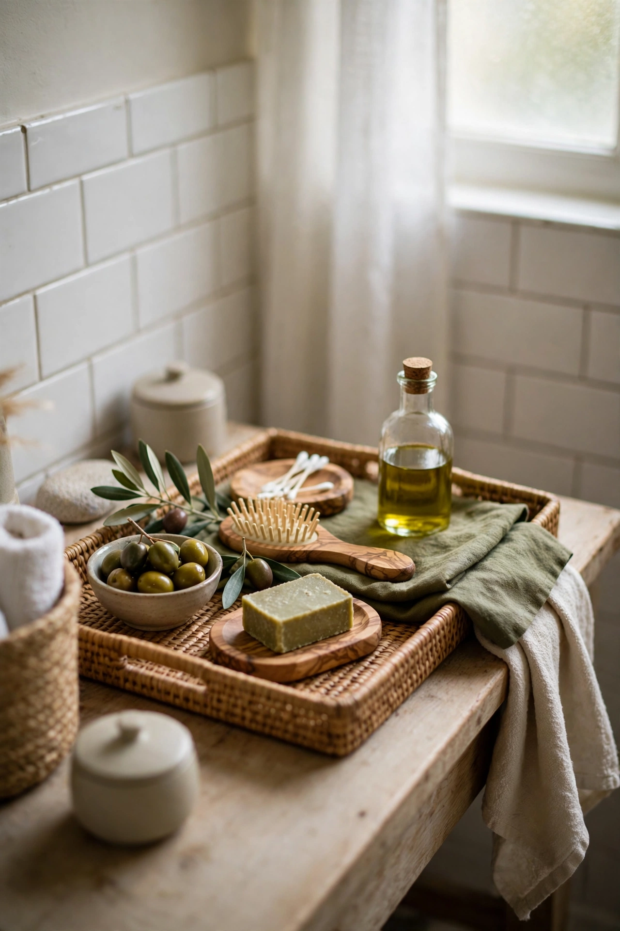 Olive and Wood Accessories on the Tray in a cozy budget bathroom with soft natural light