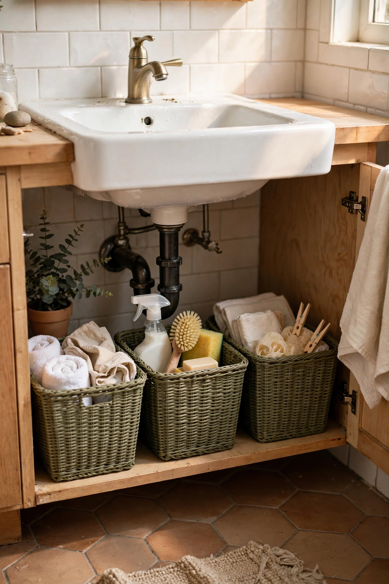 Olive Storage Baskets Under the Sink in a cozy budget bathroom with soft natural light