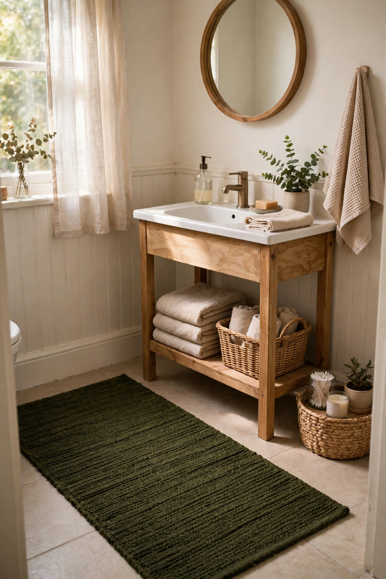 Deep Olive Rug Runner for Warmth in a cozy budget bathroom with soft natural light
