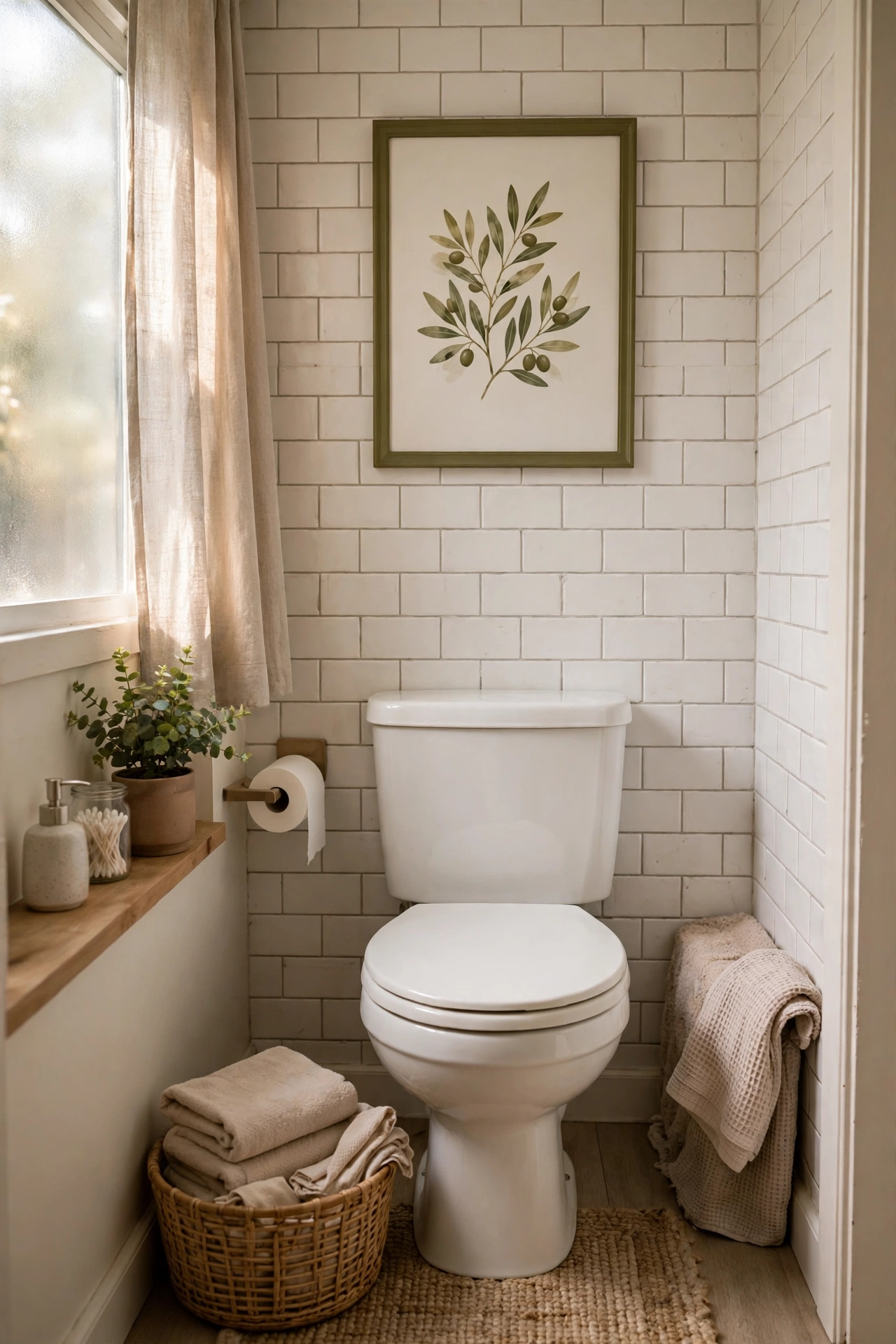 Olive Framed Art Above the Toilet in a cozy budget bathroom with soft natural light