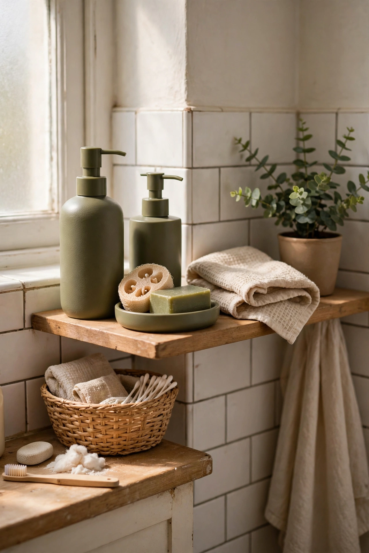 Olive Soap Dispenser Set in Matte Finish in a cozy budget bathroom with soft natural light