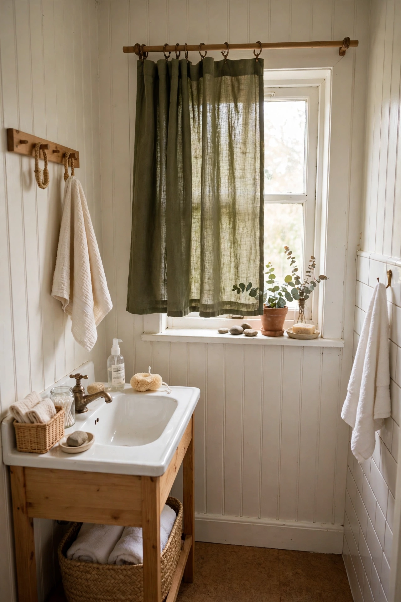 Olive Linen Curtain for the Small Window in a cozy budget bathroom with soft natural light