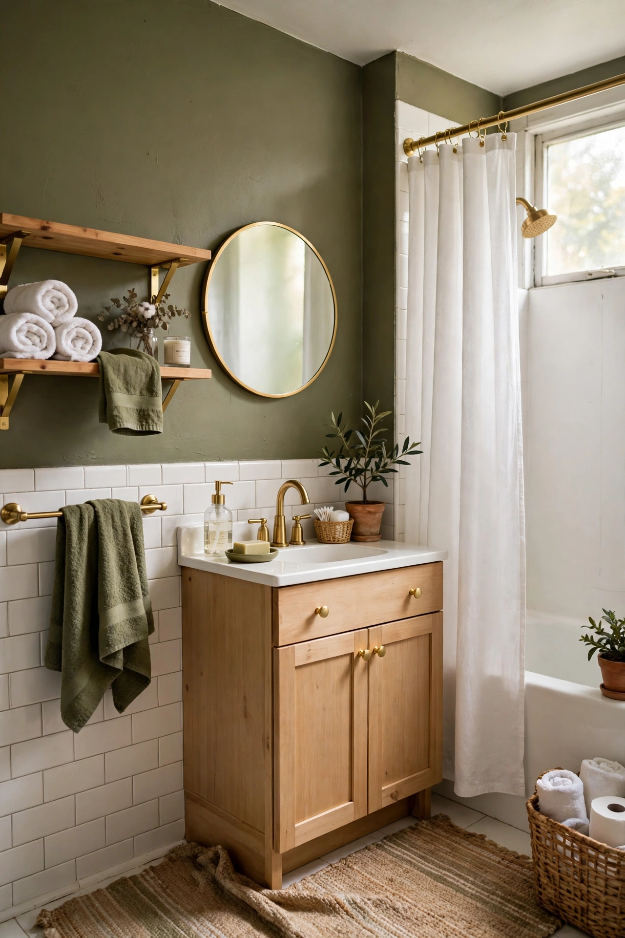 Olive and Gold Hardware Mix in a cozy budget bathroom with soft natural light