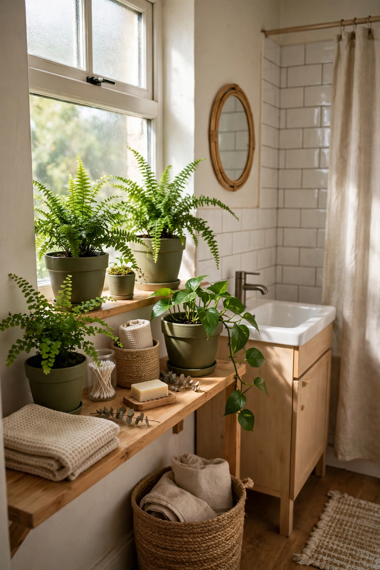 Olive Plant Pots for Humidity-Loving Plants in a cozy budget bathroom with soft natural light