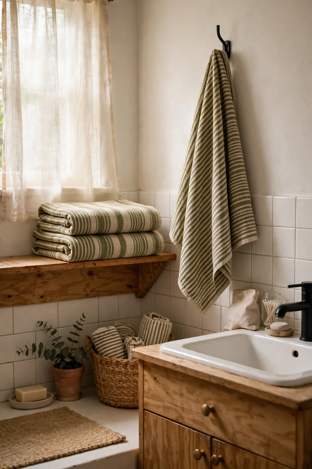 Olive Striped Towels for a Subtle Pattern in a cozy budget bathroom with soft natural light