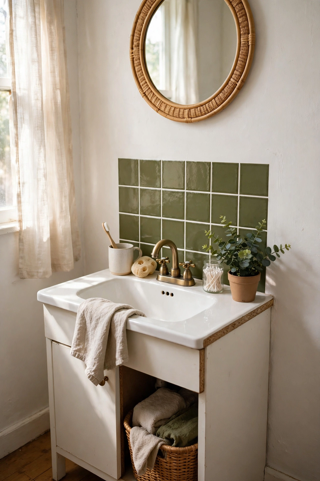 Olive Tile Stickers on a Plain Backsplash in a cozy budget bathroom with soft natural light