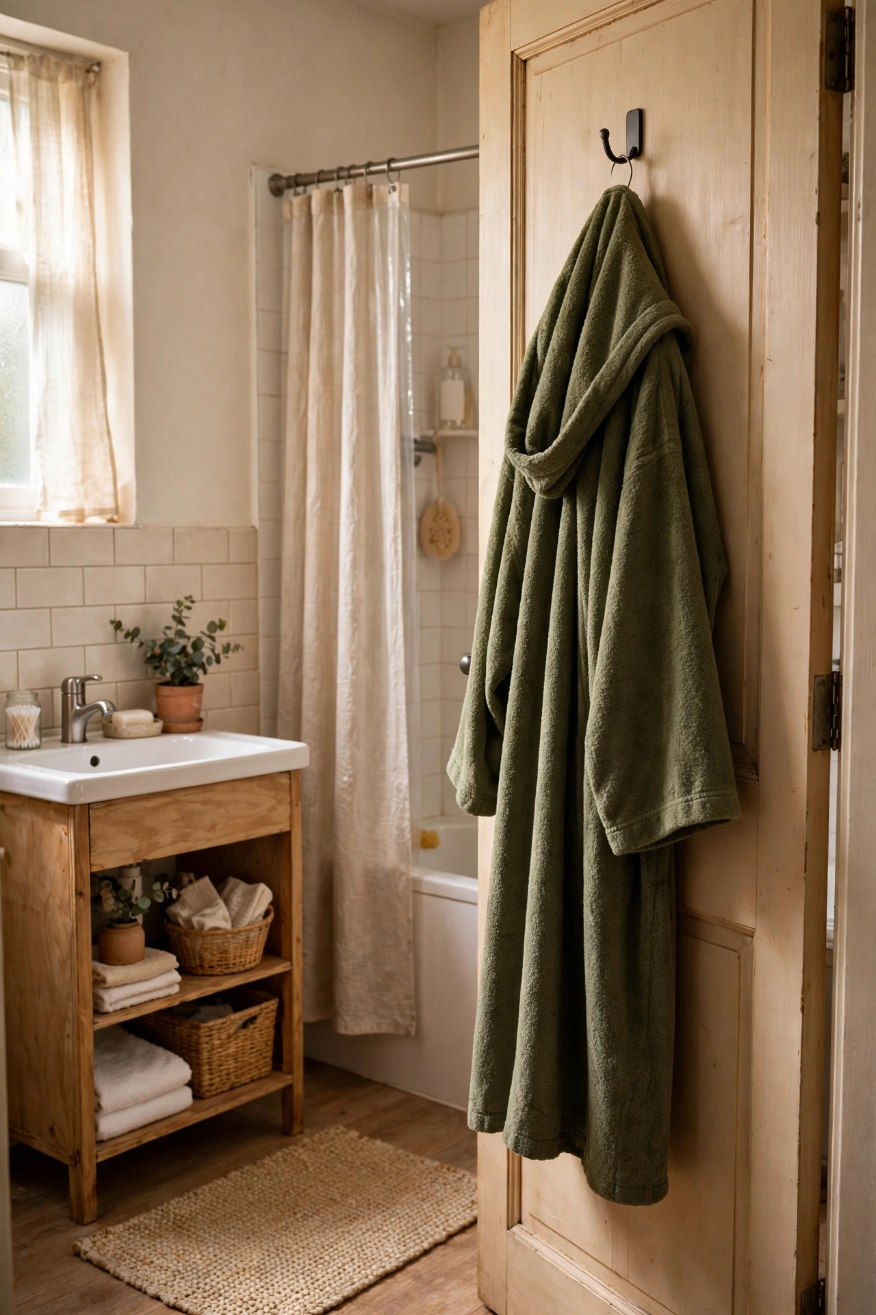 Olive Robe Hooked on the Door in a cozy budget bathroom with soft natural light
