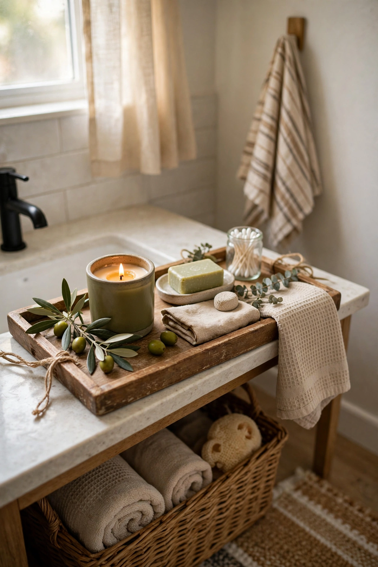 Olive Candle and Tray Styling Moment in a cozy budget bathroom with soft natural light