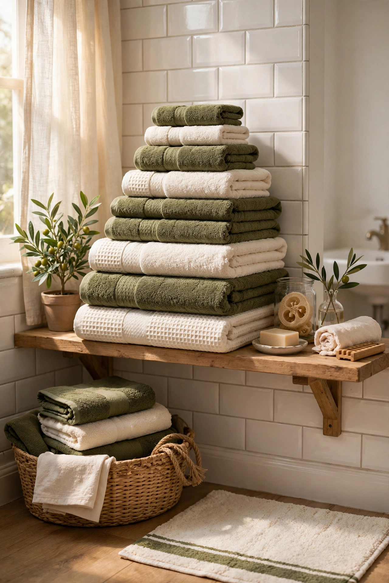Olive and Cream Layered Towel Display in a cozy budget bathroom with soft natural light