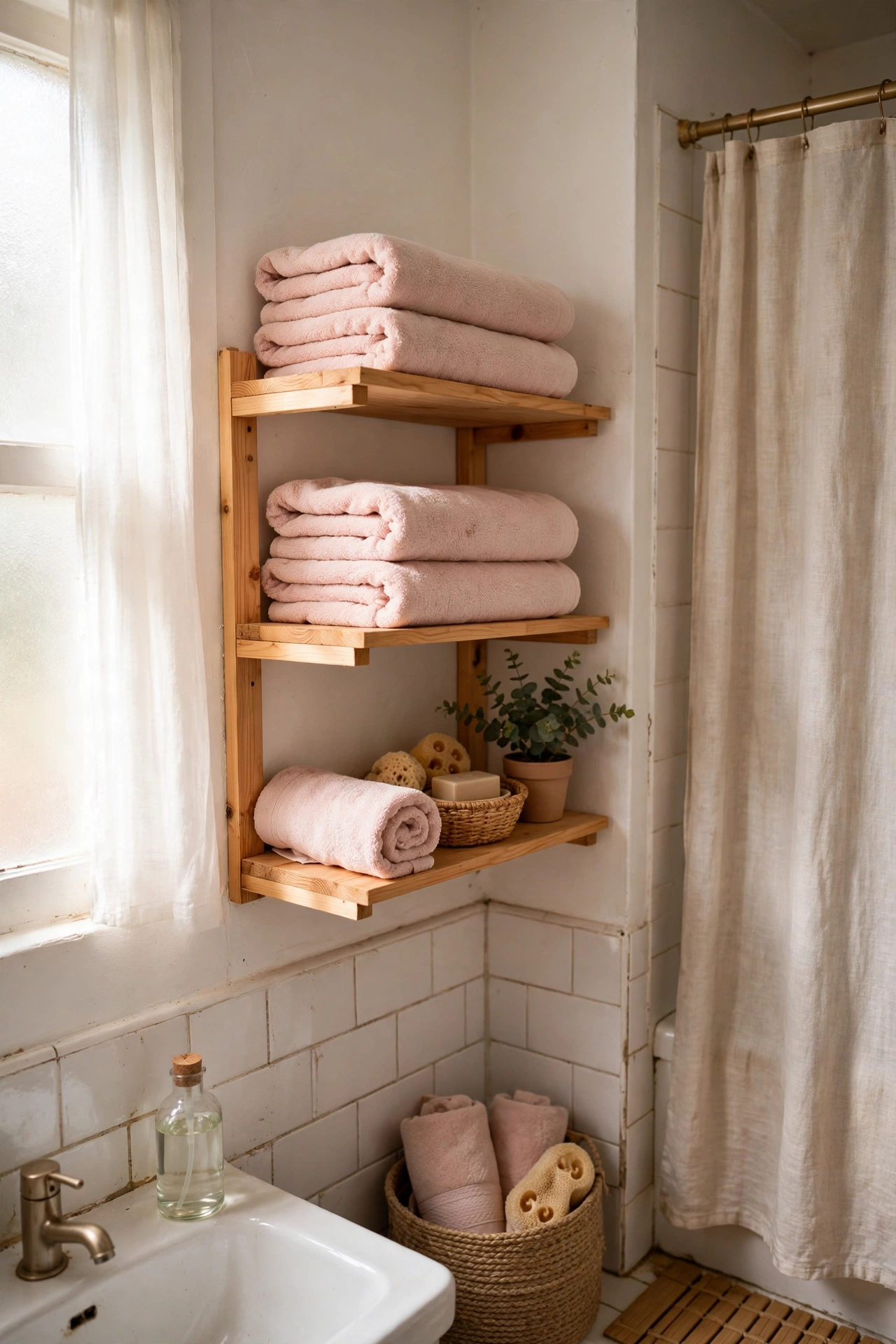 Blush Towels Folded Spa-Style on Shelves in a cozy budget bathroom with soft natural light