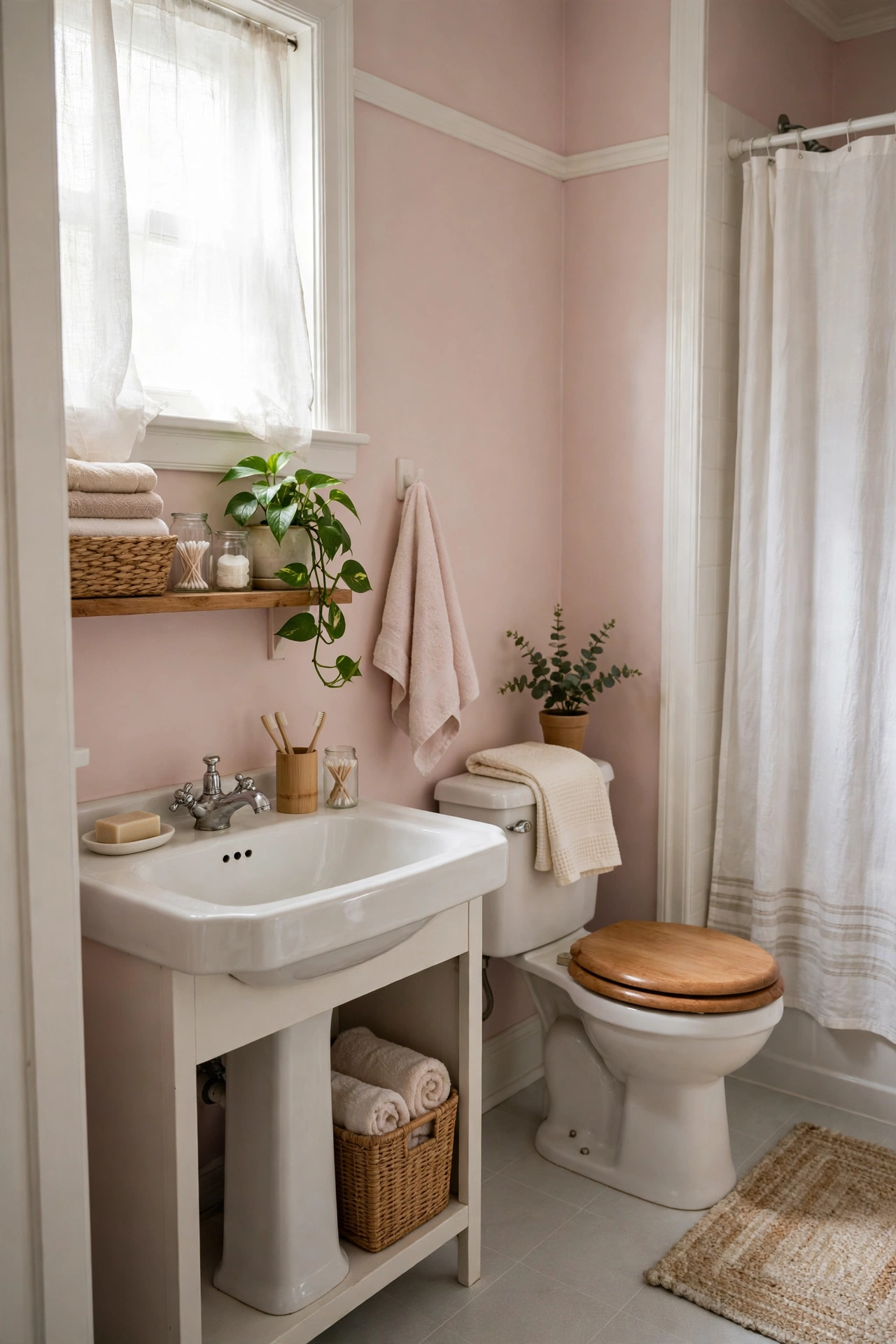 Pale Pink Walls With White Trim in a cozy budget bathroom with soft natural light