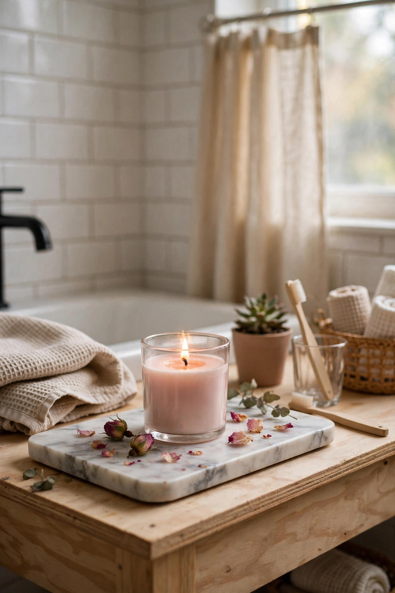 Rose-Scented Candle on a Marble Tray in a cozy budget bathroom with soft natural light