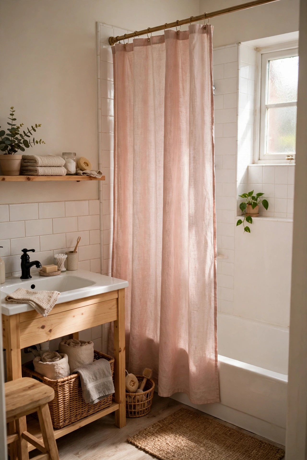 Blush Shower Curtain in Soft Linen in a cozy budget bathroom with soft natural light