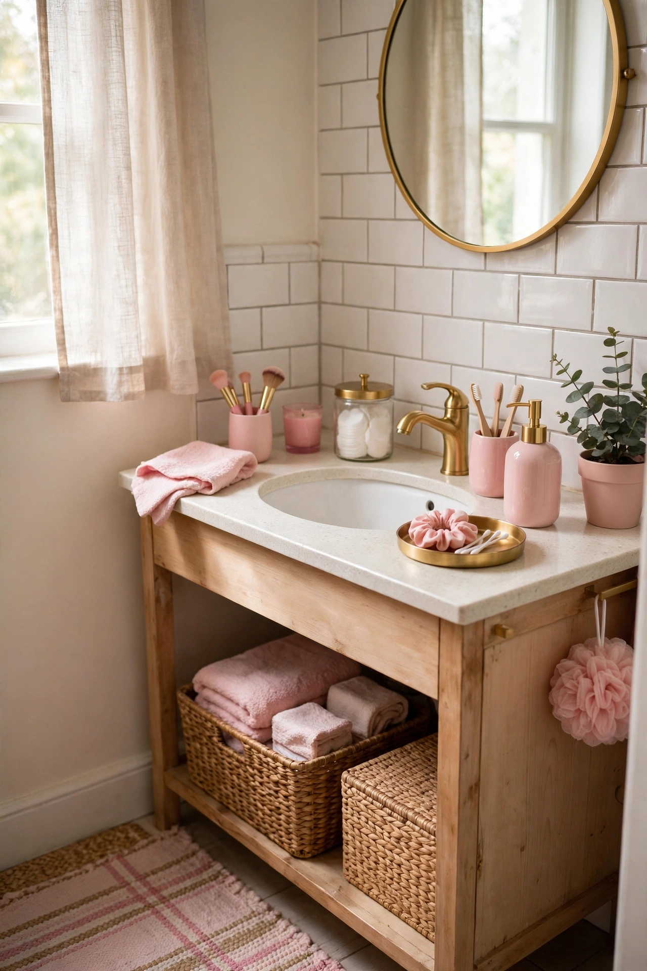 Pink and Gold Vanity Accessories in a cozy budget bathroom with soft natural light