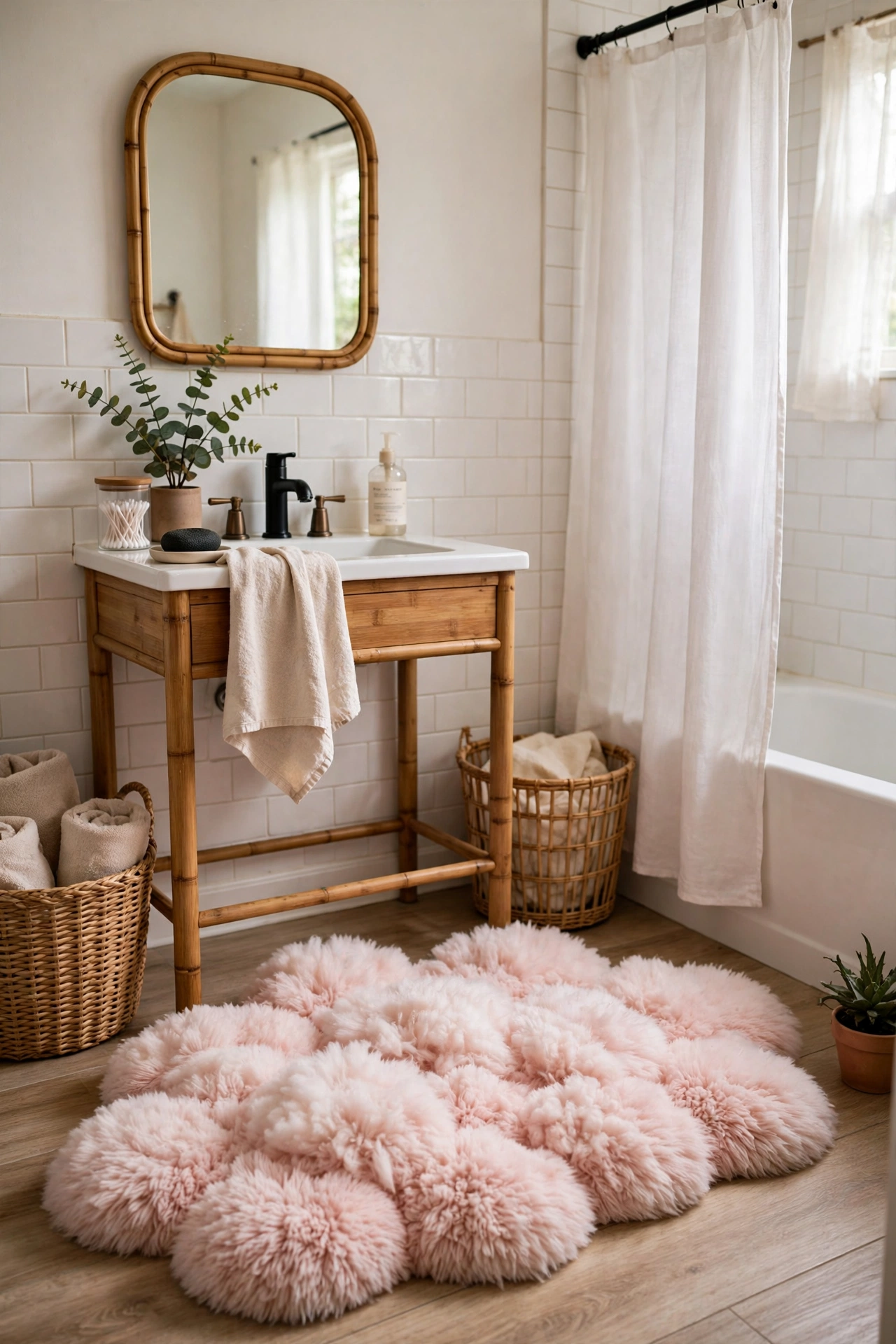 A Blush Bath Mat That Feels Like Cloud in a cozy budget bathroom with soft natural light