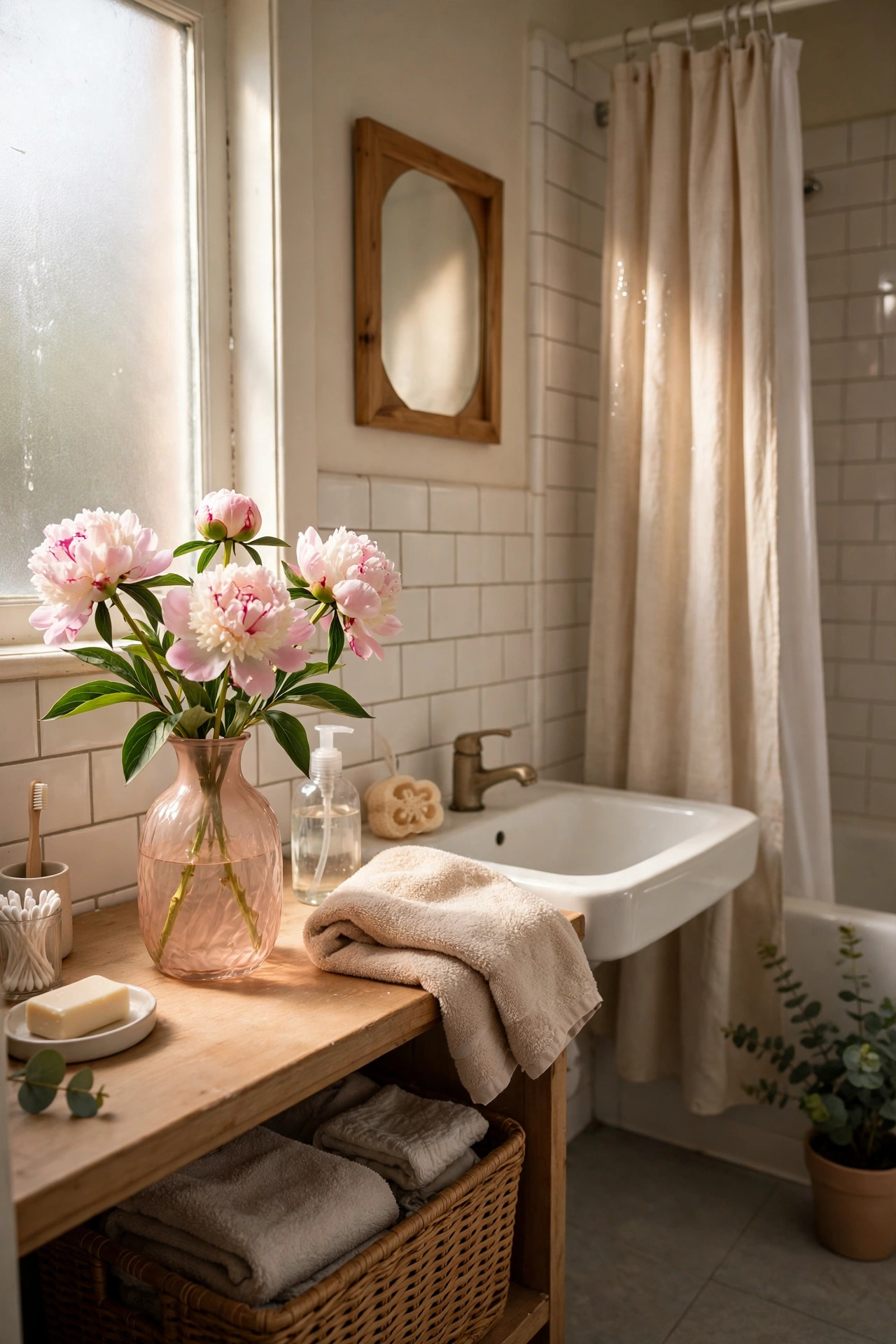 Fresh Peonies in a Blush Glass Vase in a cozy budget bathroom with soft natural light