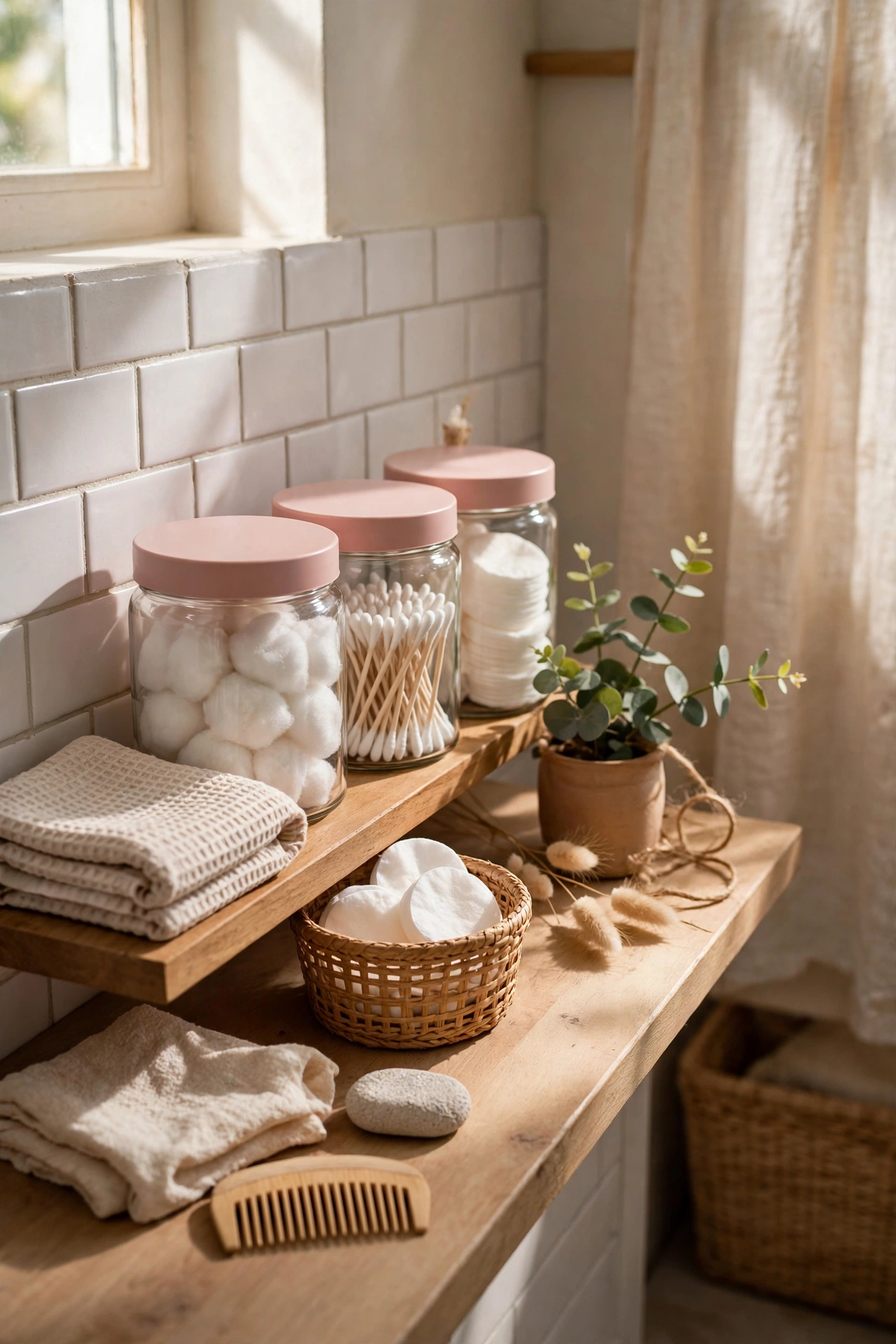 Blush Storage Jars for Cotton Essentials in a cozy budget bathroom with soft natural light