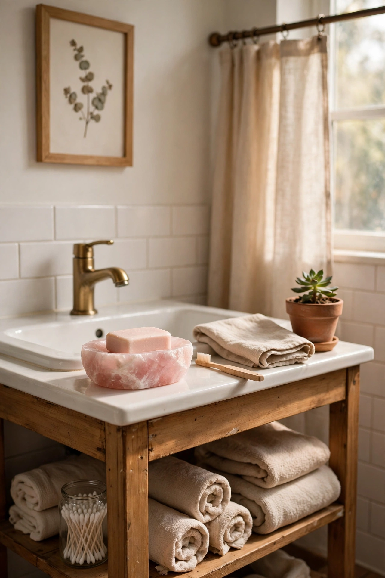 Rose Quartz Soap Dish by the Sink in a cozy budget bathroom with soft natural light