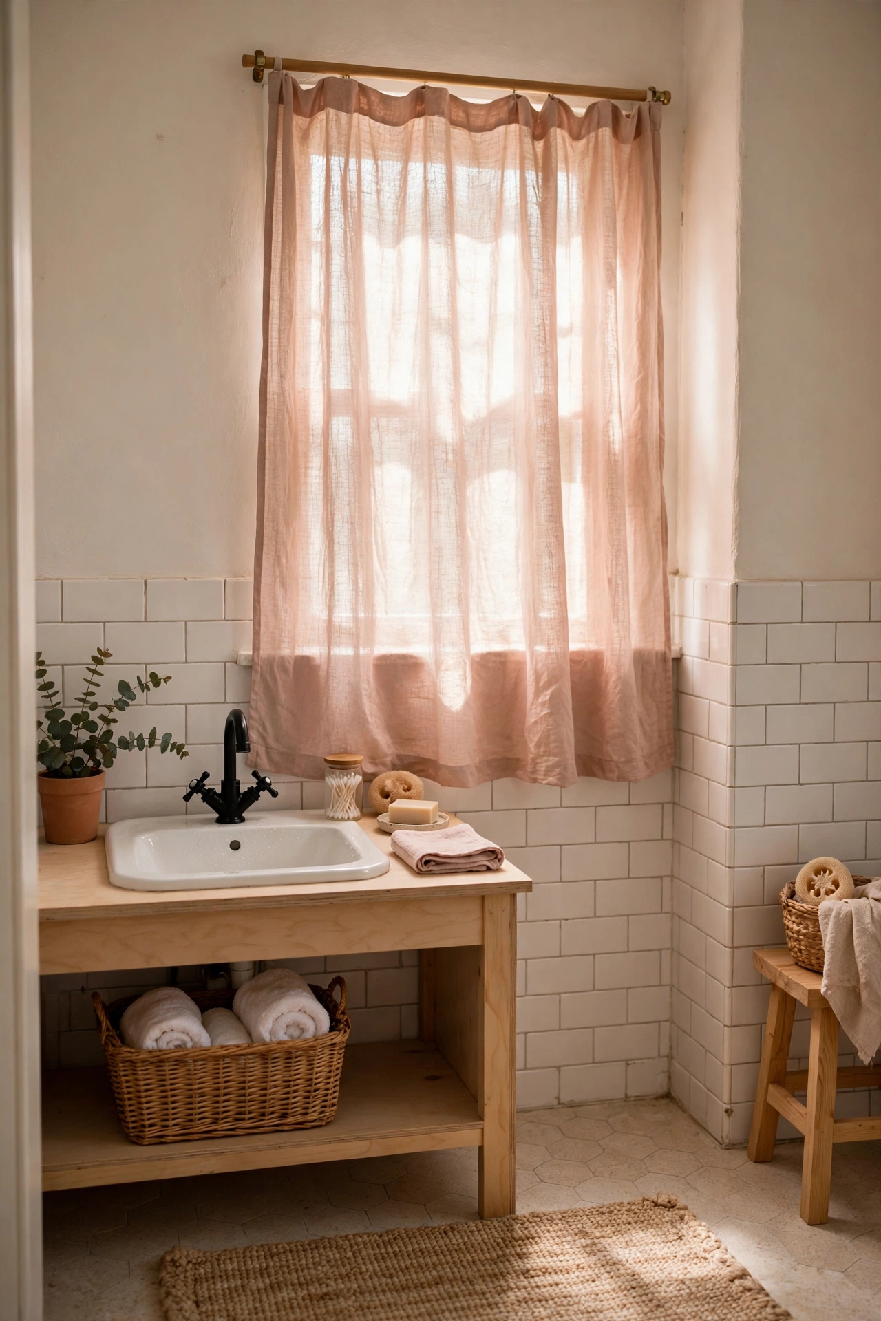 Blush Linen Curtain for Filtered Light in a cozy budget bathroom with soft natural light
