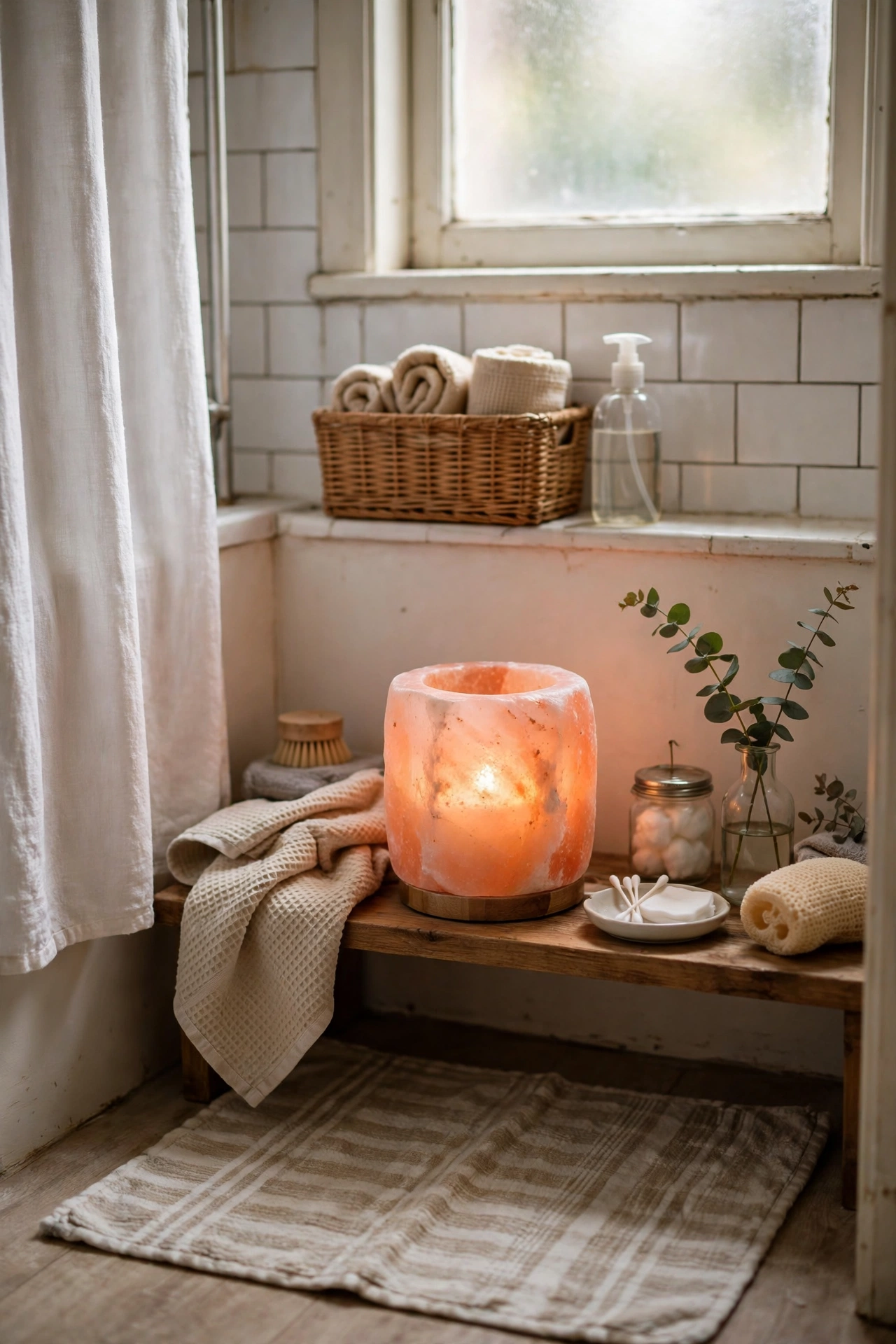 Pink Himalayan Salt Candle Holder Glow in a cozy budget bathroom with soft natural light