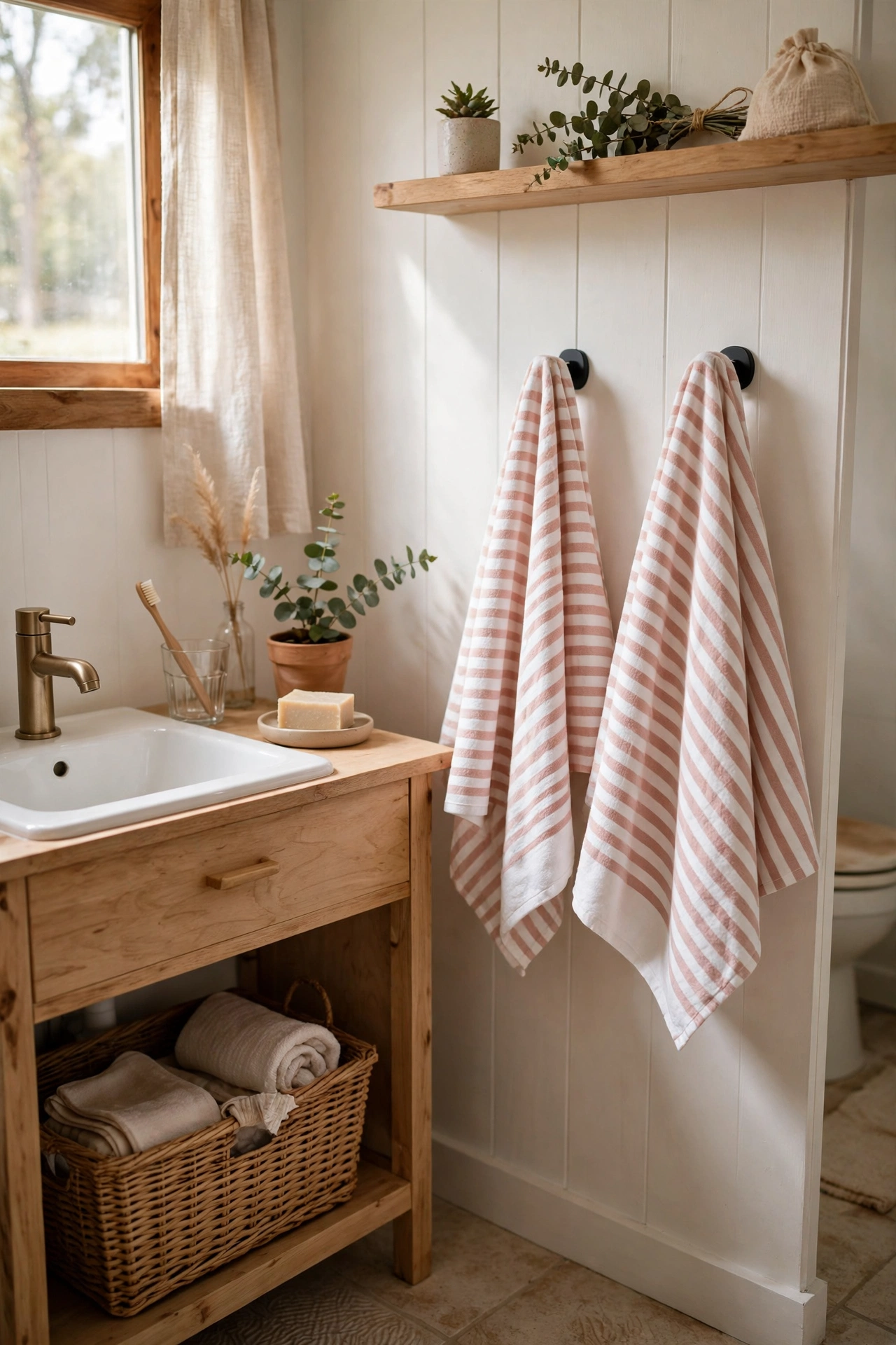 Blush and White Striped Hand Towels in a cozy budget bathroom with soft natural light