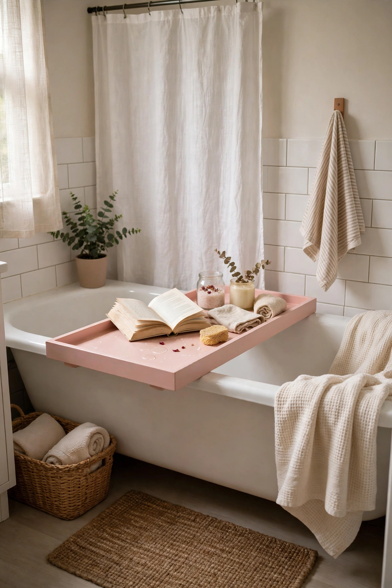 A Blush Bath Tray for Soaks and Books in a cozy budget bathroom with soft natural light