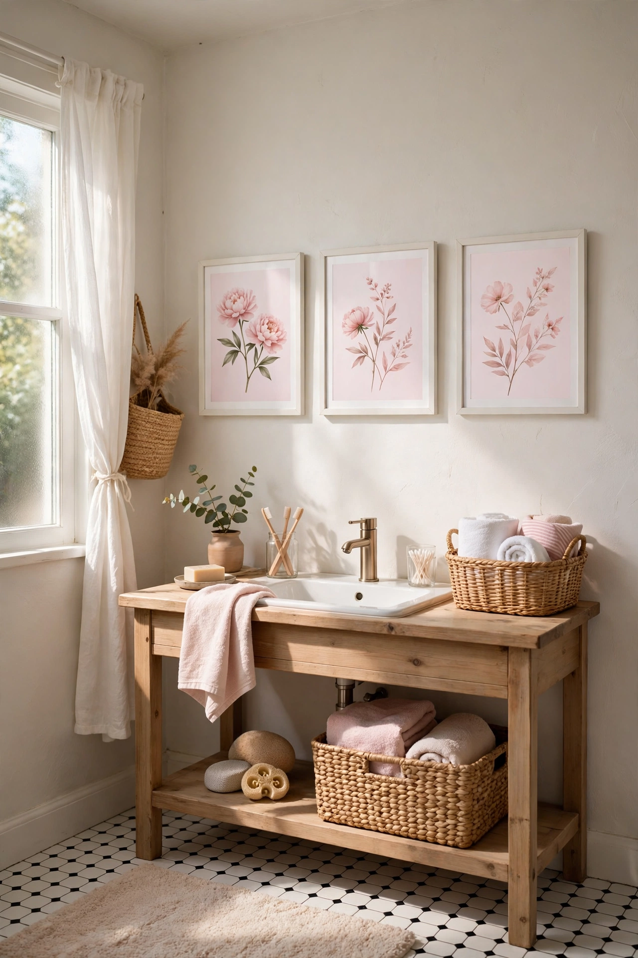 Soft Pink Art Prints in White Frames in a cozy budget bathroom with soft natural light