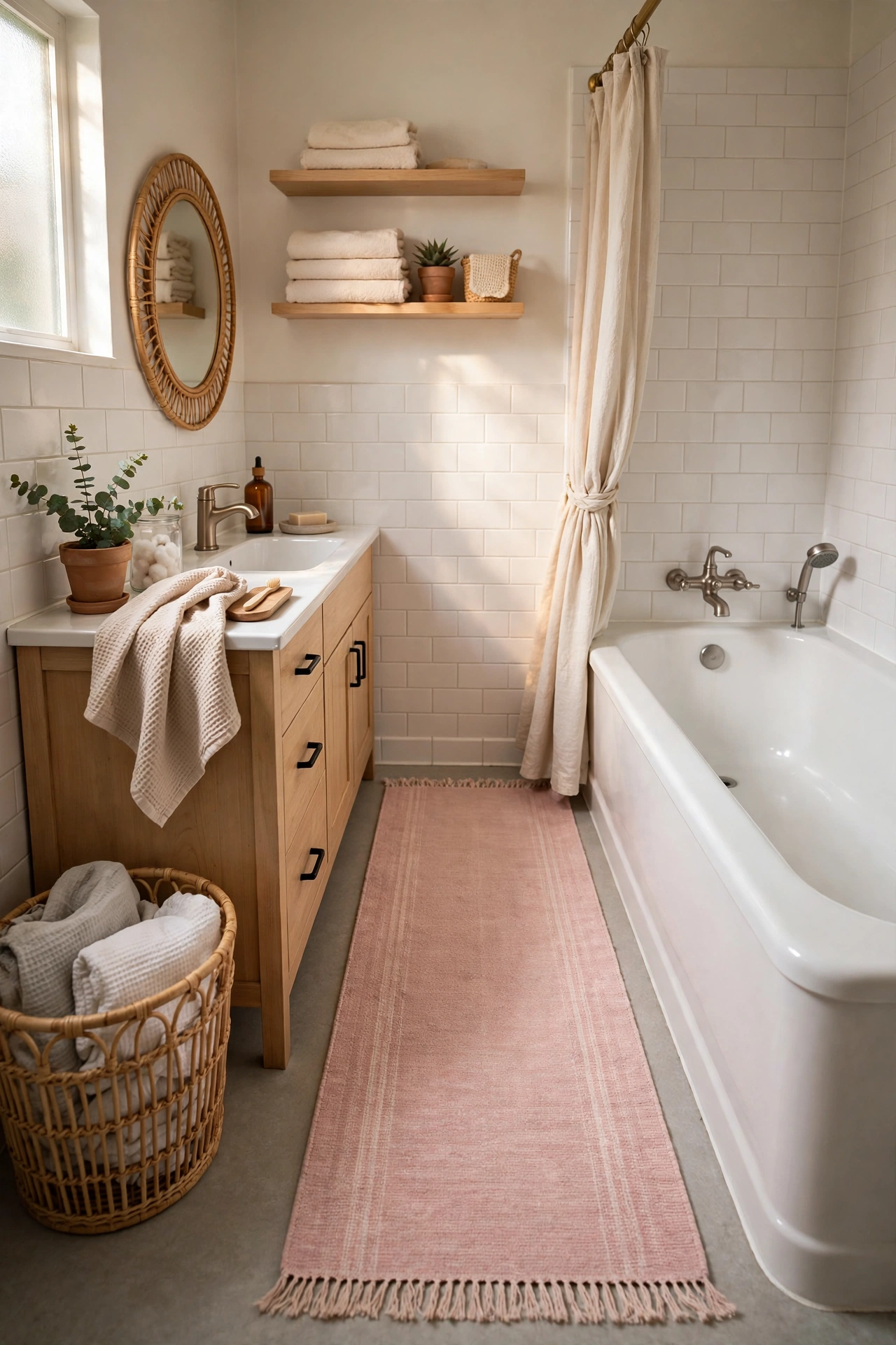 Blush Rug Runner Along the Tub in a cozy budget bathroom with soft natural light