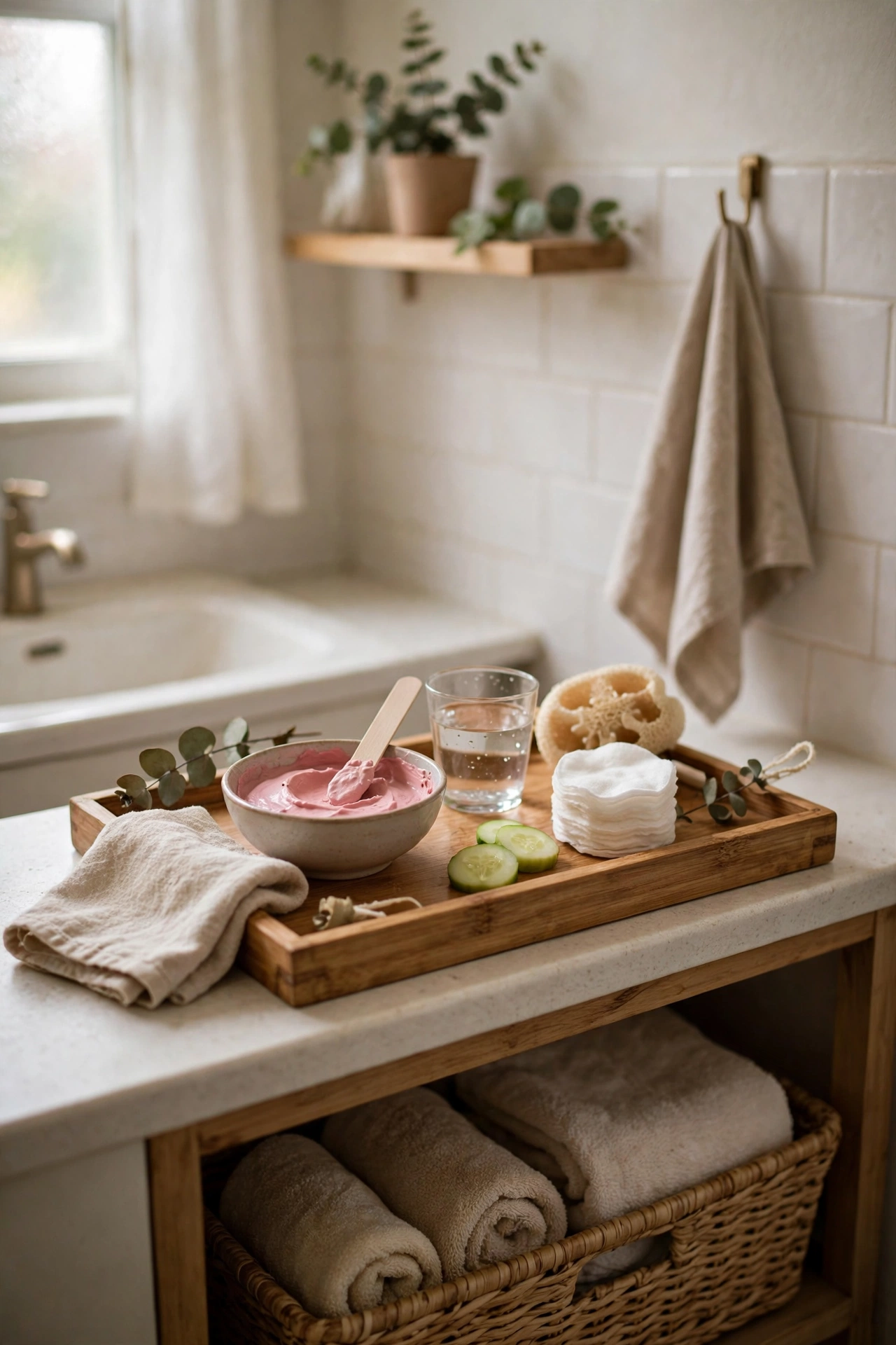 Pink Clay Face Mask Station on a Tray in a cozy budget bathroom with soft natural light