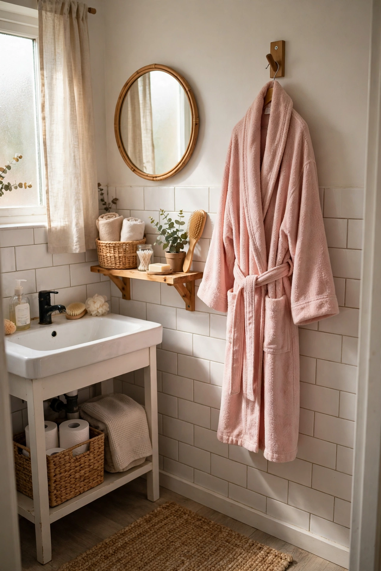 Blush Robe Hung Within Easy Reach in a cozy budget bathroom with soft natural light