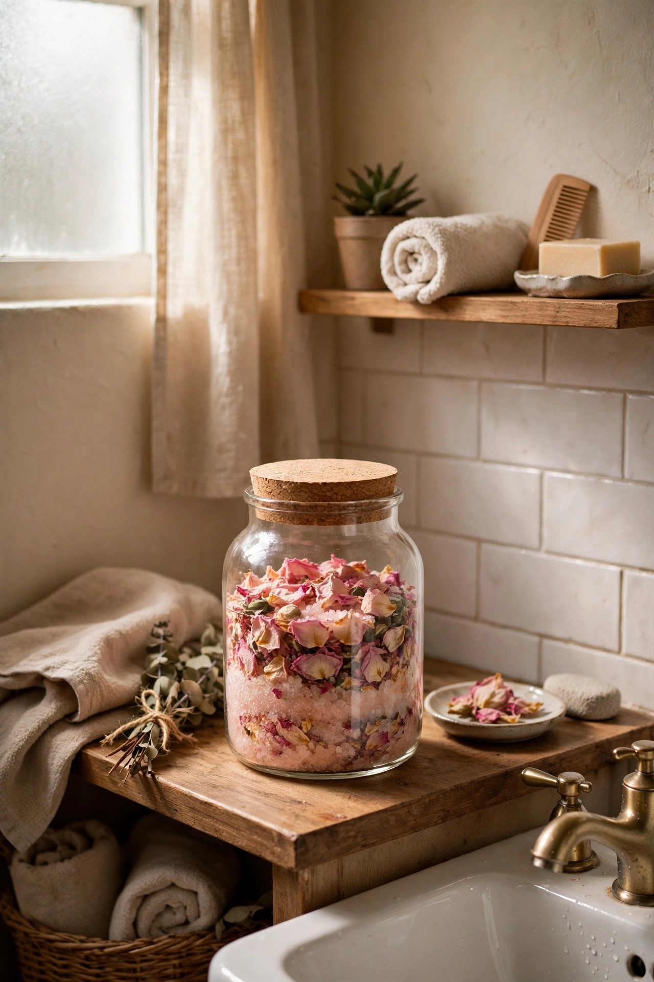 Rose Petal Bath Soak in a Glass Jar in a cozy budget bathroom with soft natural light