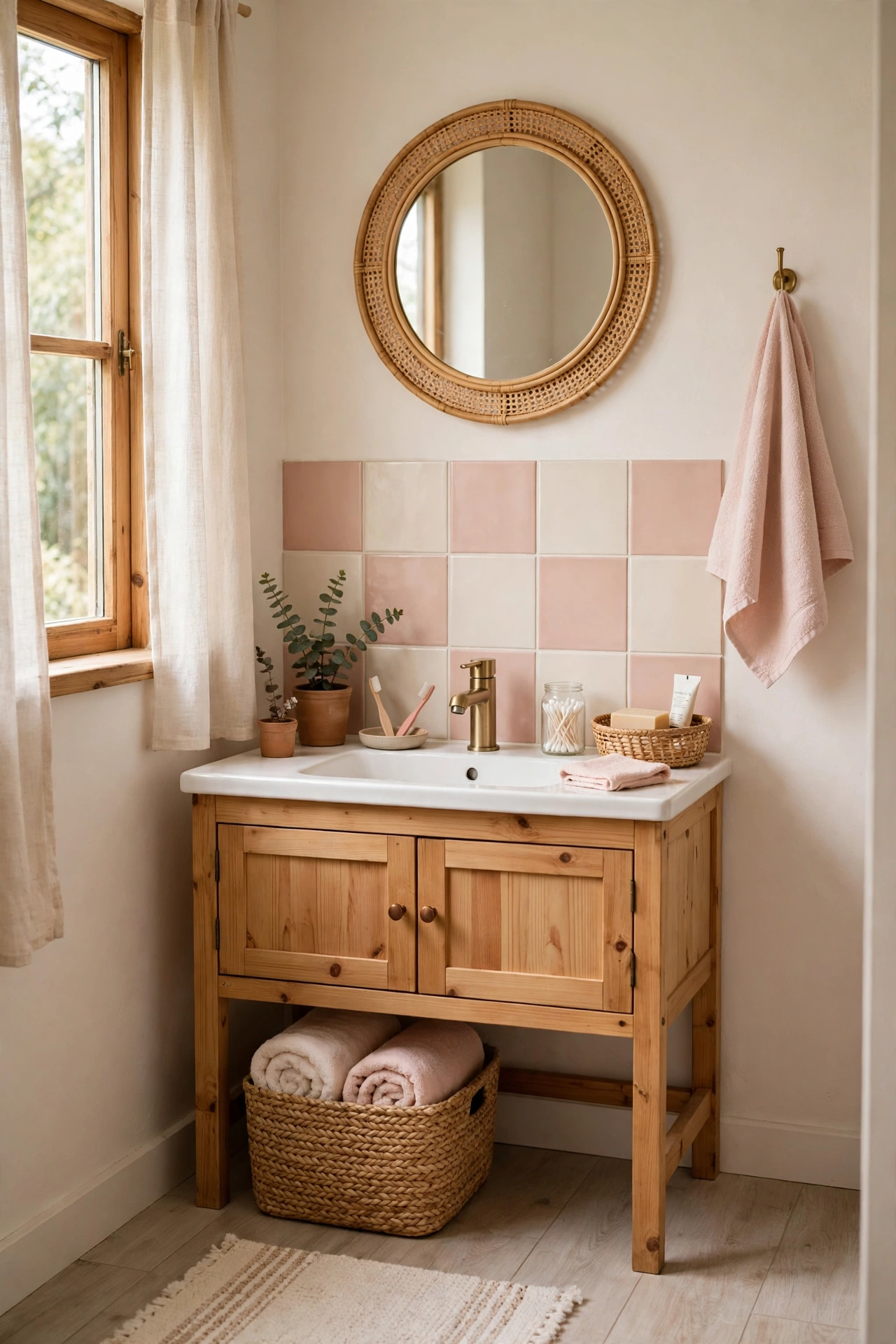 Blush and Cream Tile Sticker Backsplash in a cozy budget bathroom with soft natural light
