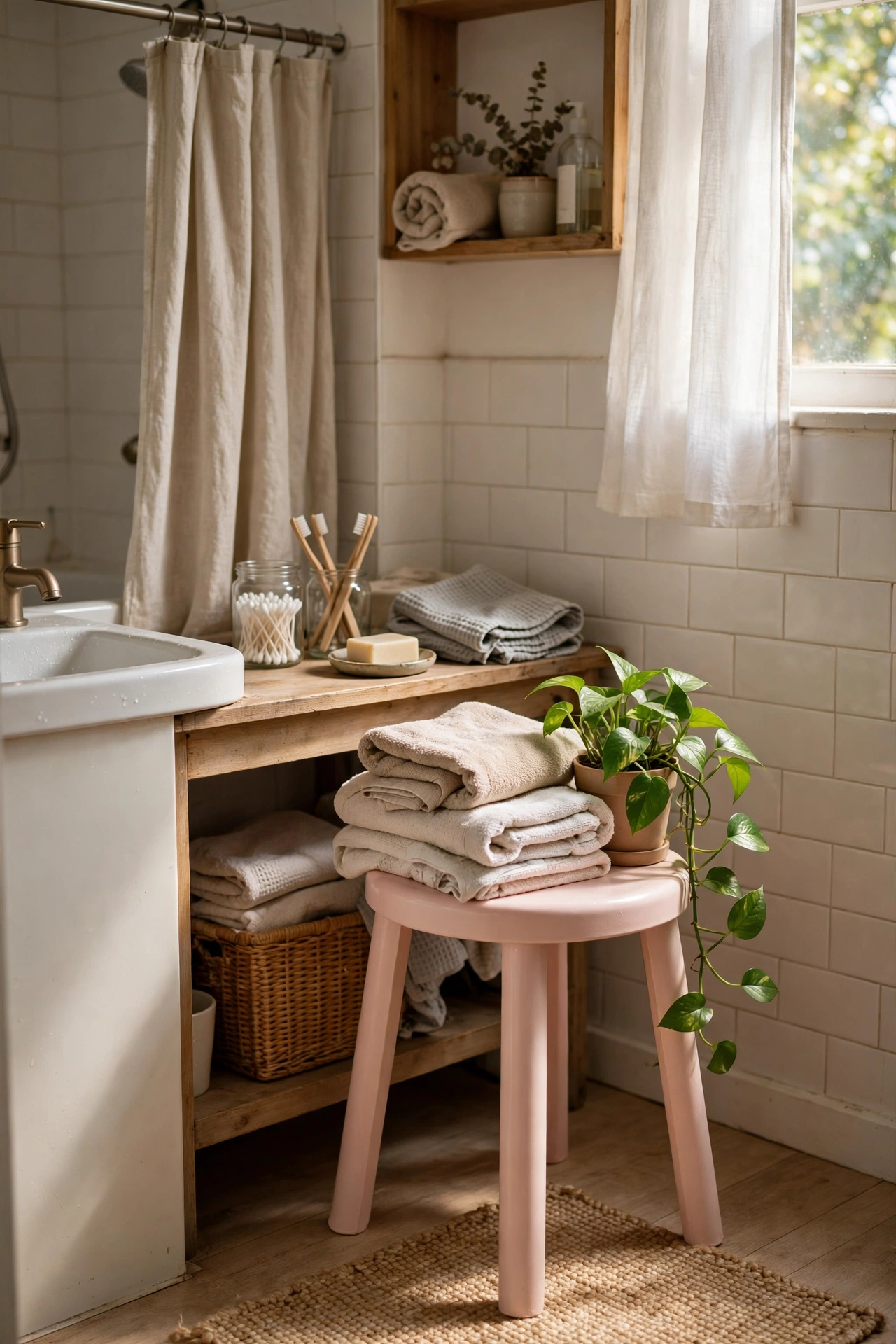 Pale Pink Stool for Towels and a Plant in a cozy budget bathroom with soft natural light