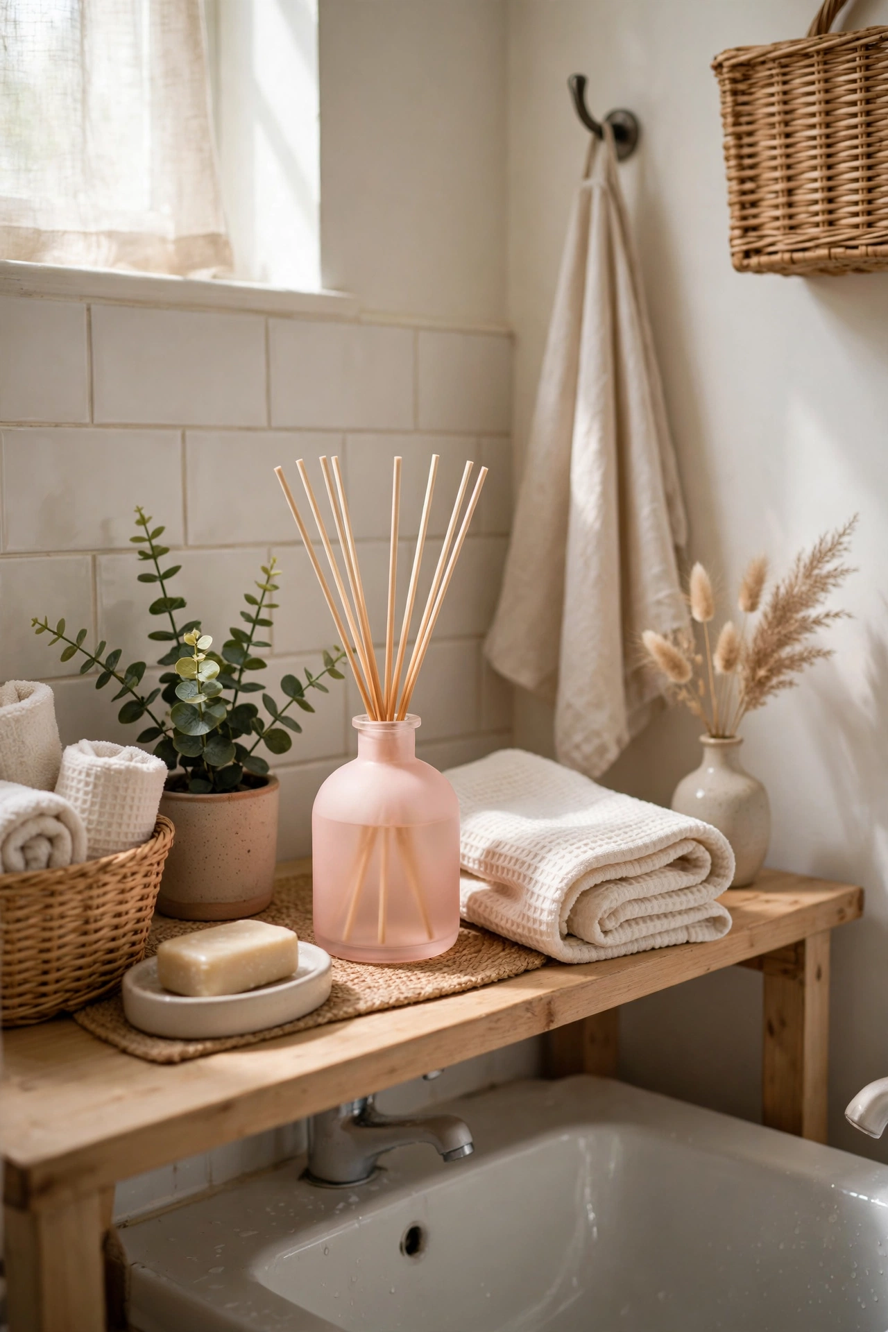 Blush Scent Diffuser for a Gentle Welcome in a cozy budget bathroom with soft natural light