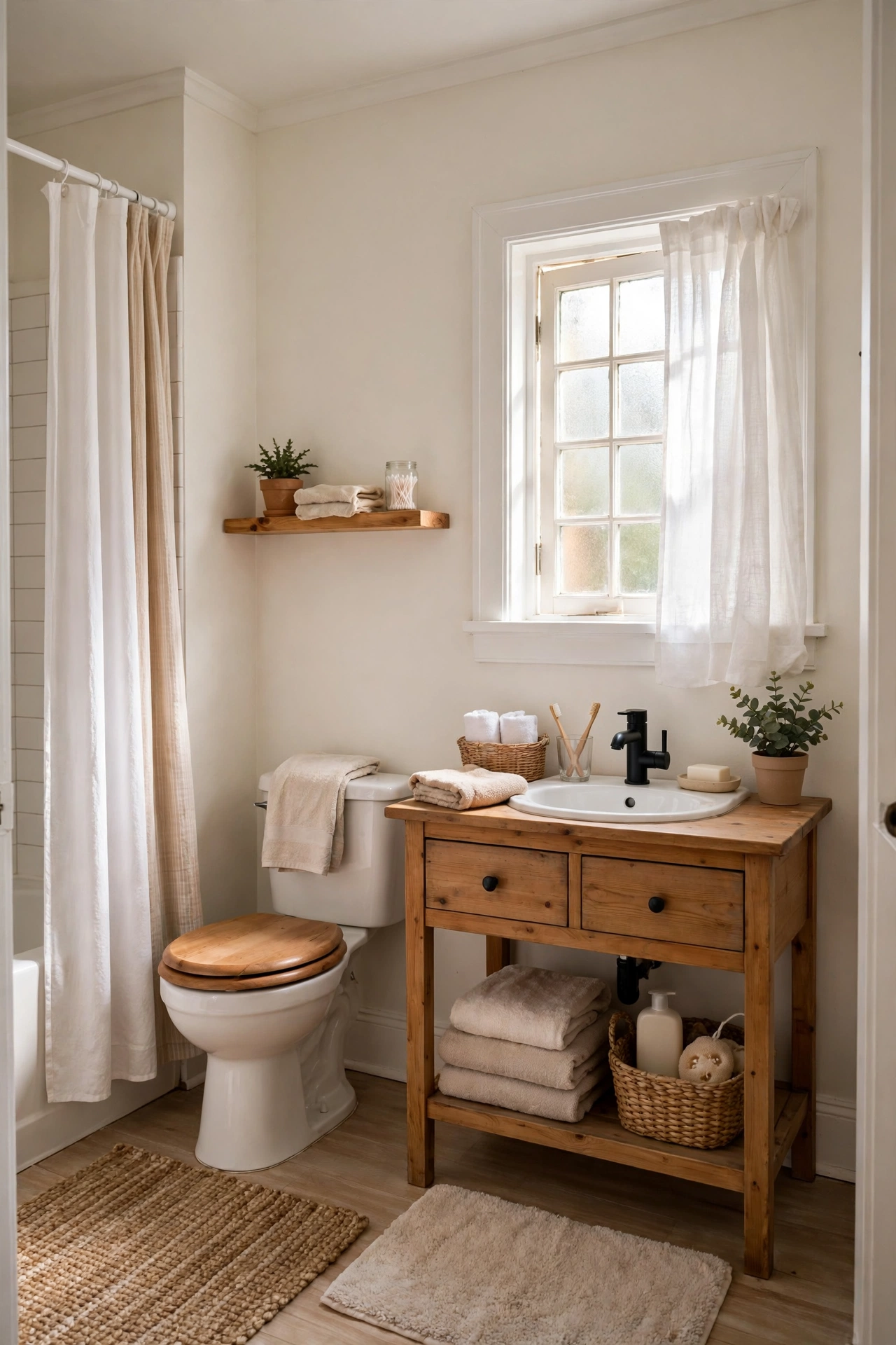 Warm White Walls With Bright White Trim in a cozy budget bathroom with soft natural light