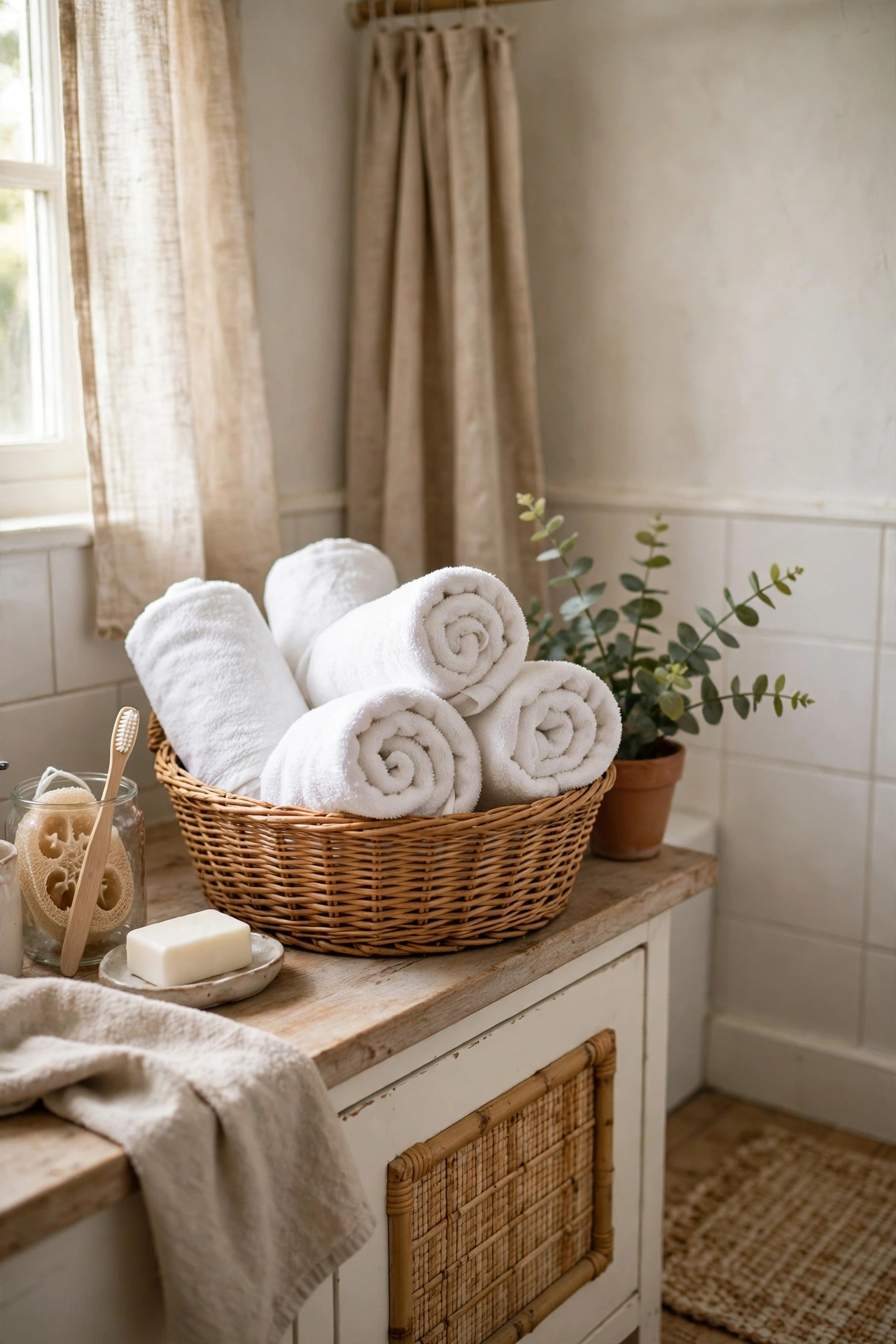Crisp White Towels Rolled in a Basket in a cozy budget bathroom with soft natural light