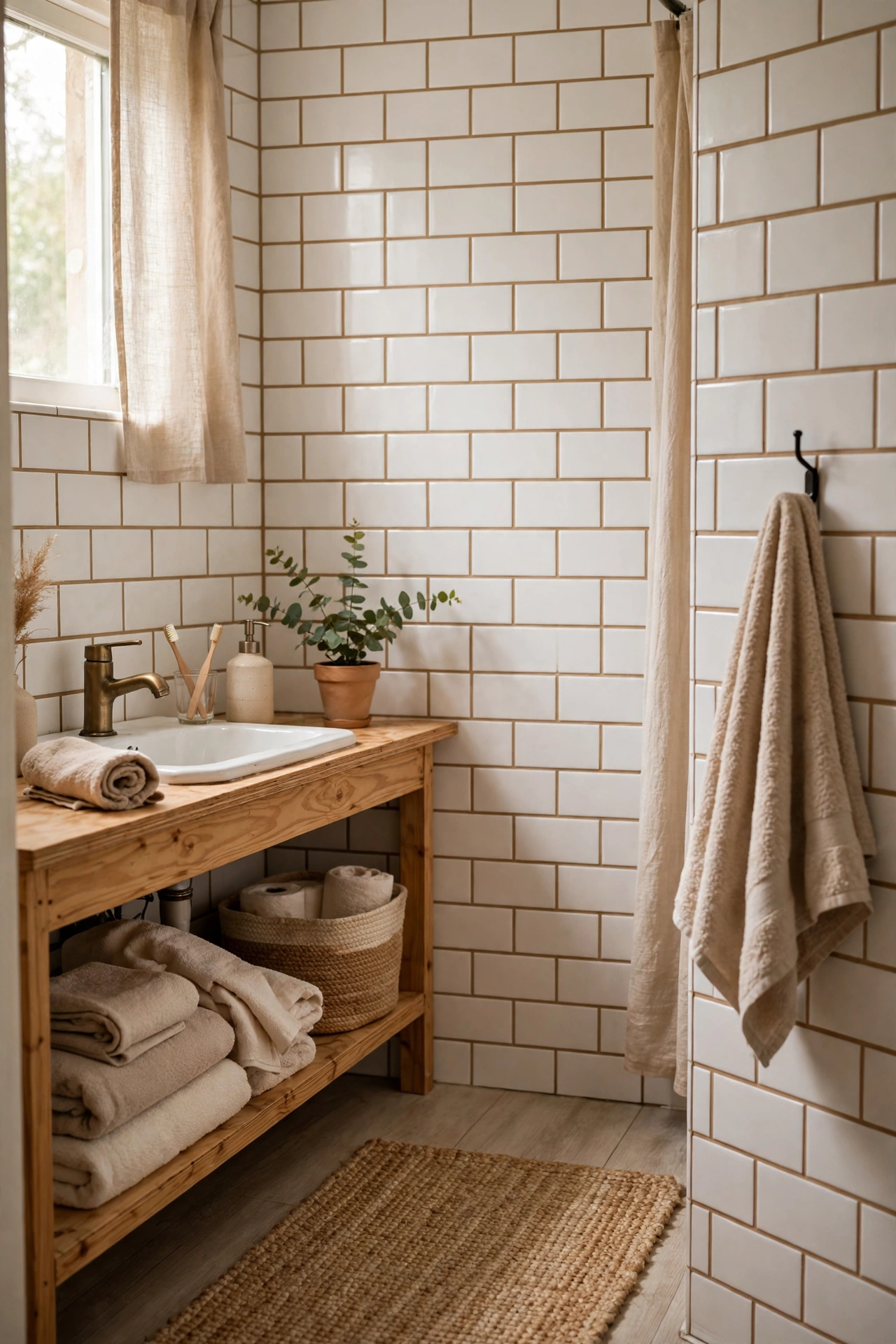 White Subway Tile With Warm Grout in a cozy budget bathroom with soft natural light