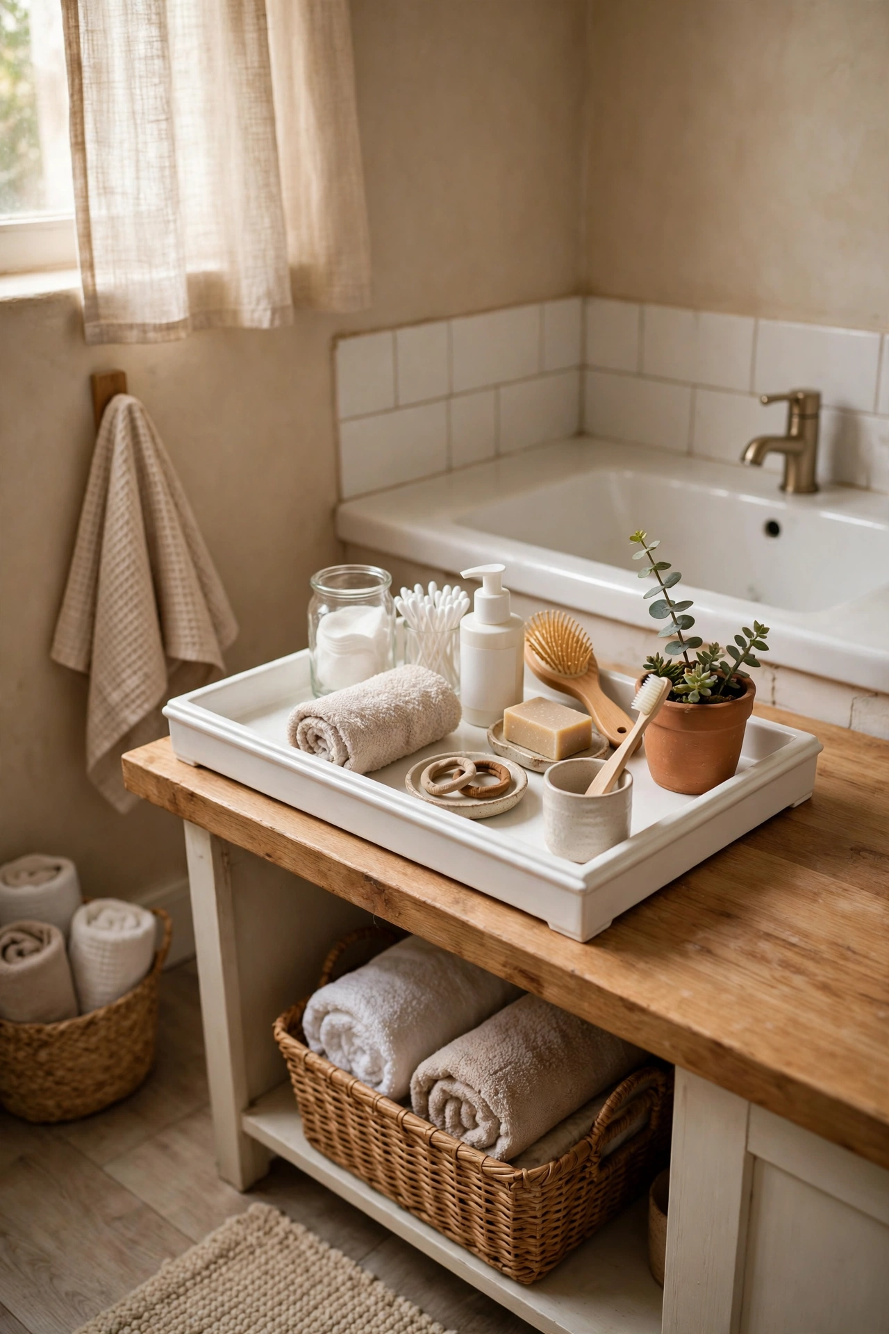 A White Vanity Tray for Daily Essentials in a cozy budget bathroom with soft natural light