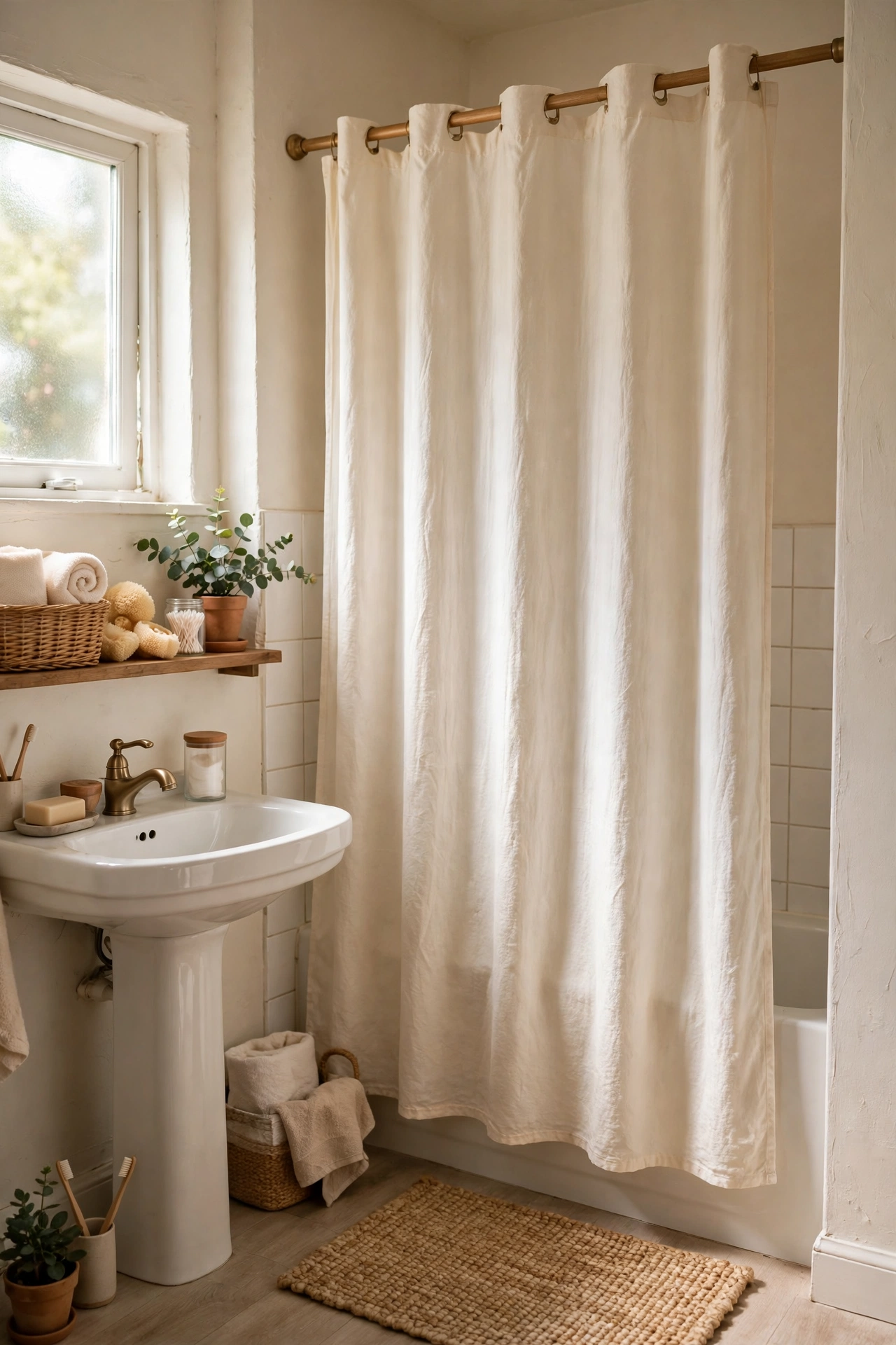 Cream Shower Curtain in Soft Cotton in a cozy budget bathroom with soft natural light