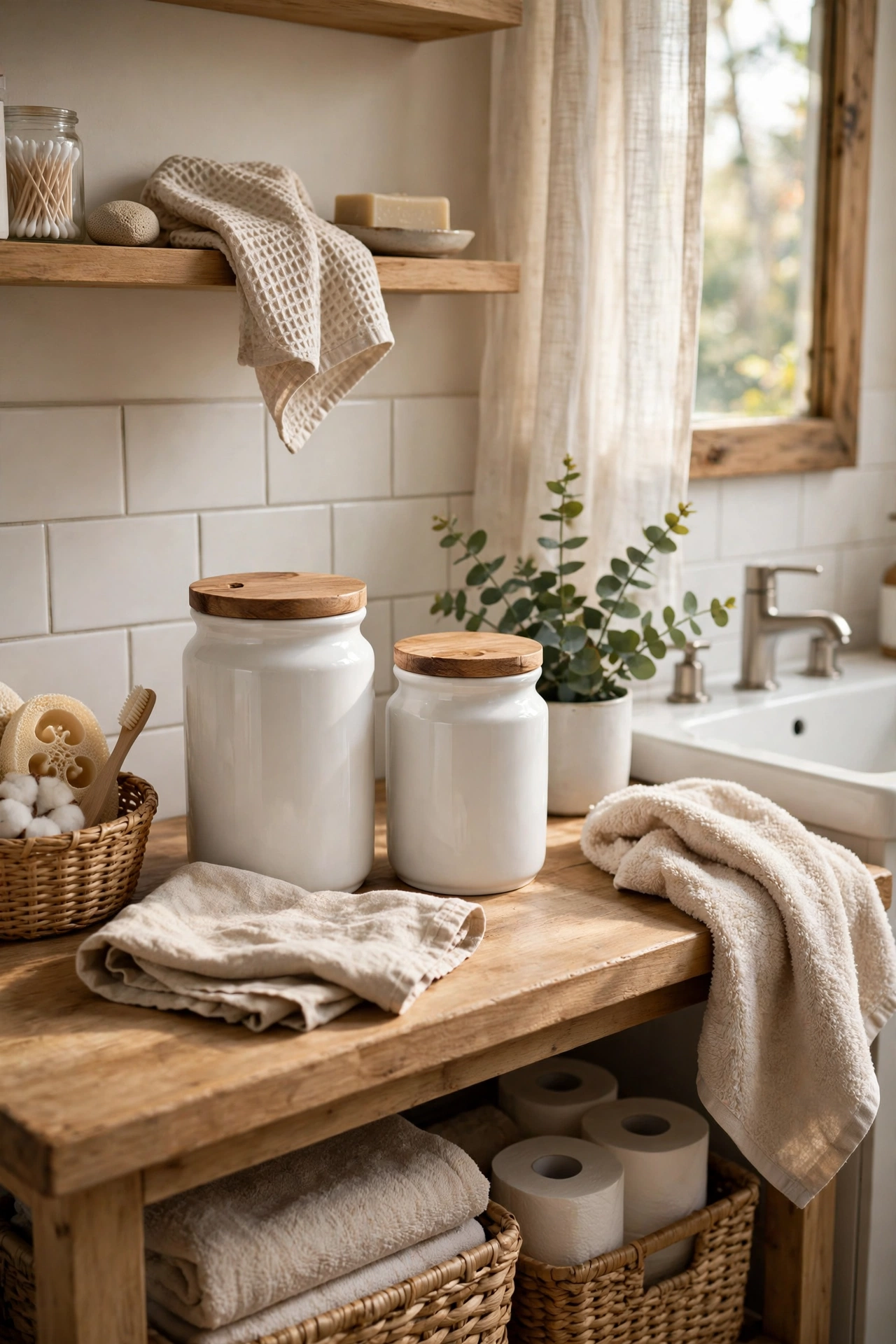 White Ceramic Dispensers With Wooden Lids in a cozy budget bathroom with soft natural light