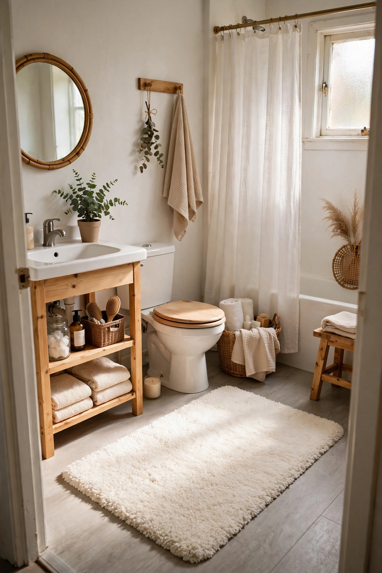 A Warm White Rug That Brightens the Floor in a cozy budget bathroom with soft natural light