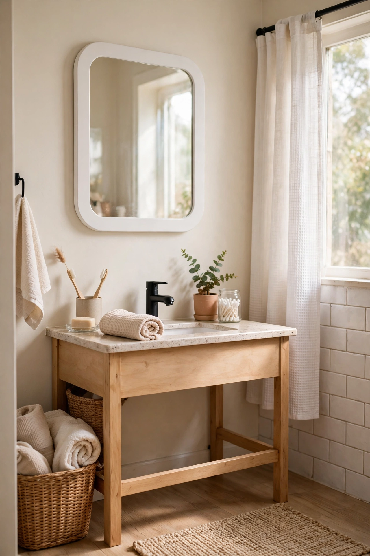 White Framed Mirror With Rounded Corners in a cozy budget bathroom with soft natural light
