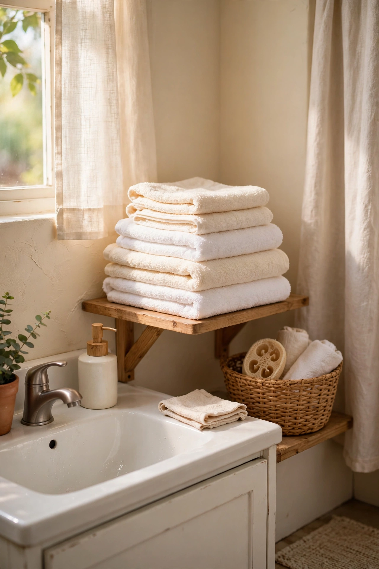 Cream and White Layered Hand Towels in a cozy budget bathroom with soft natural light