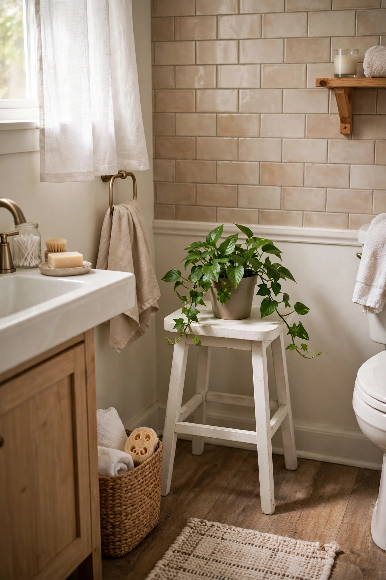 A White Stool With a Green Plant in a cozy budget bathroom with soft natural light