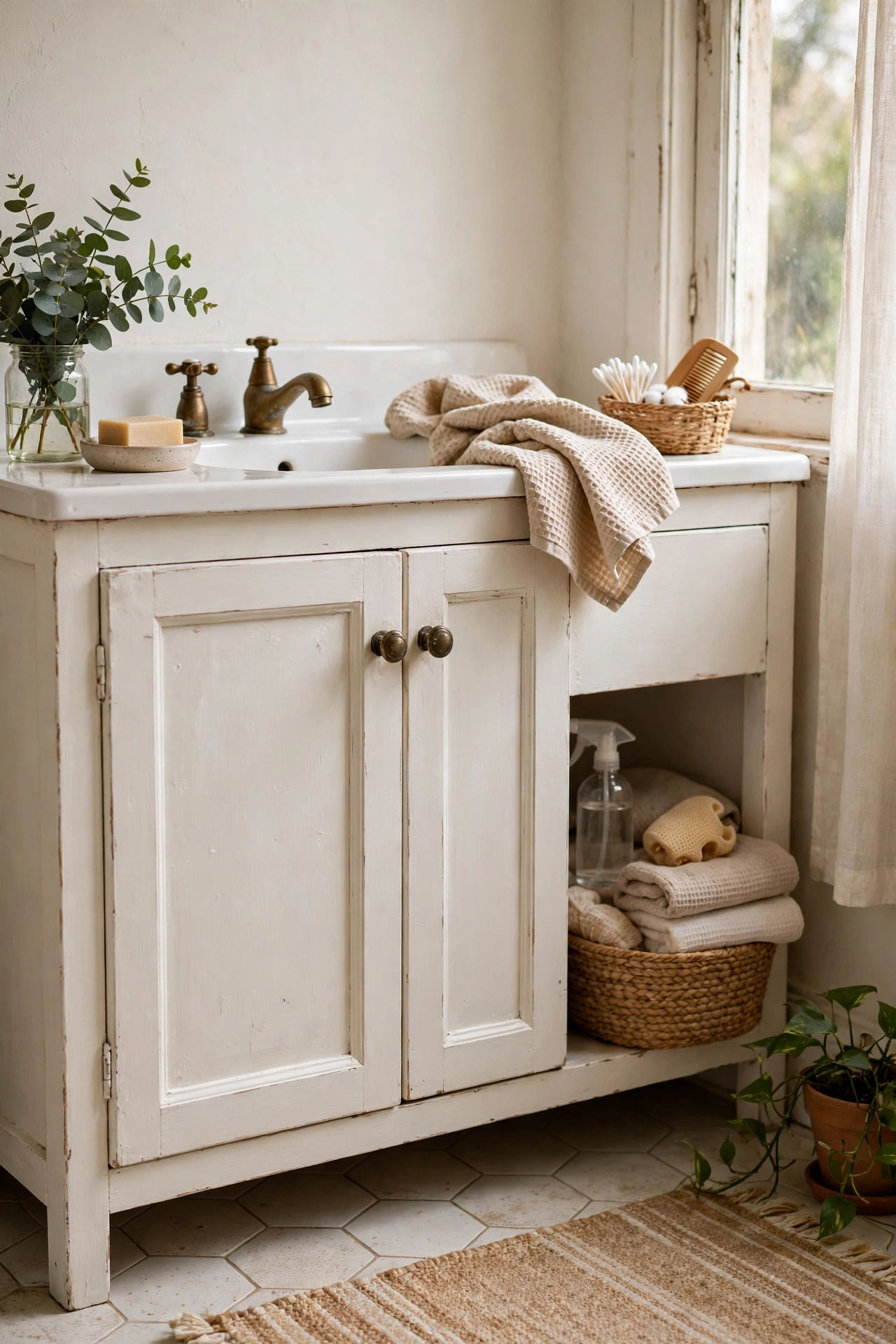 Warm White Paint on Old Vanity Doors in a cozy budget bathroom with soft natural light
